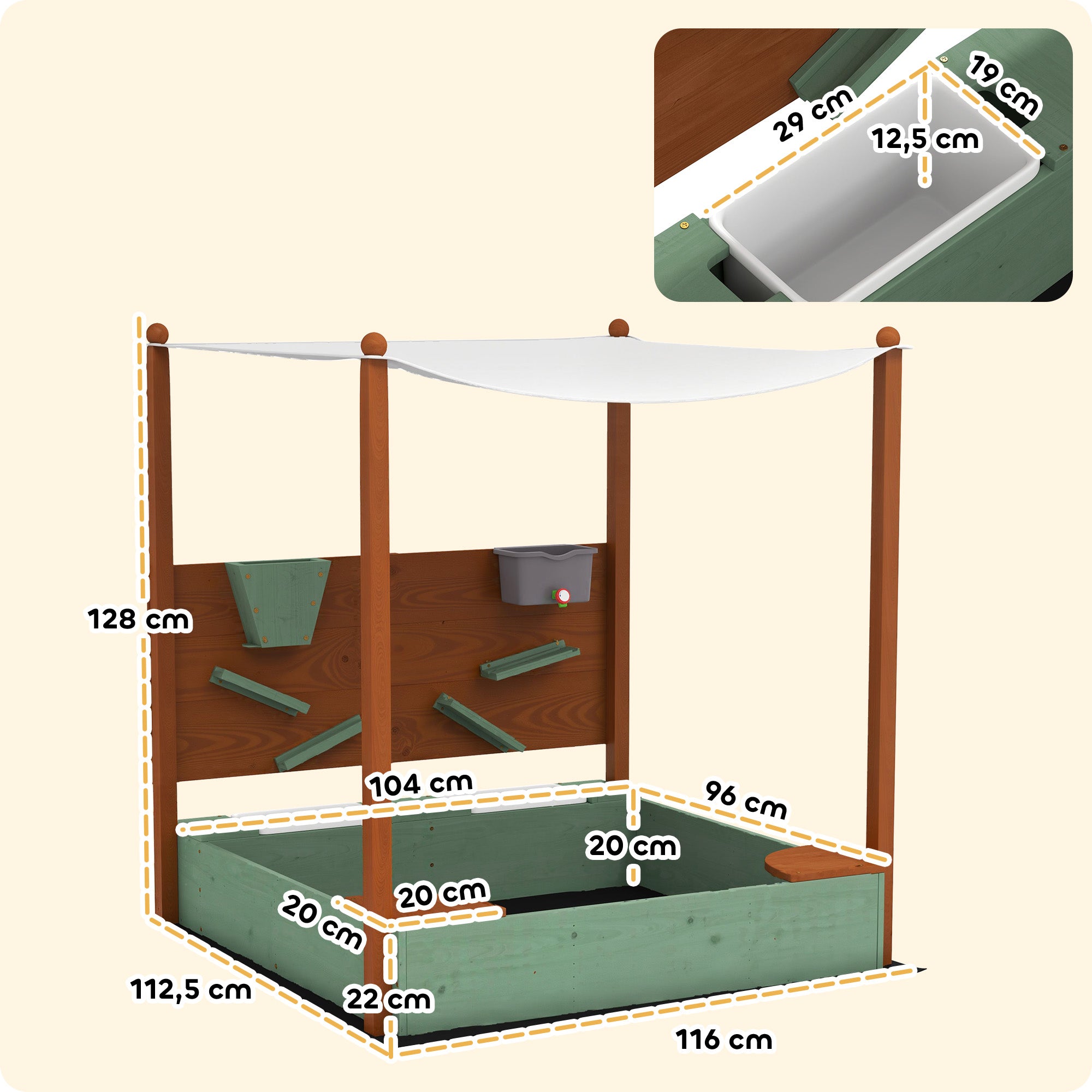 AIYAPLAY Sandkasten mit Sonnendach für Kinder, 2 Aufbewahrungsbehälter, 116L x 112,5B x 128H cm, Tannenholz, Kunststoff, Grün