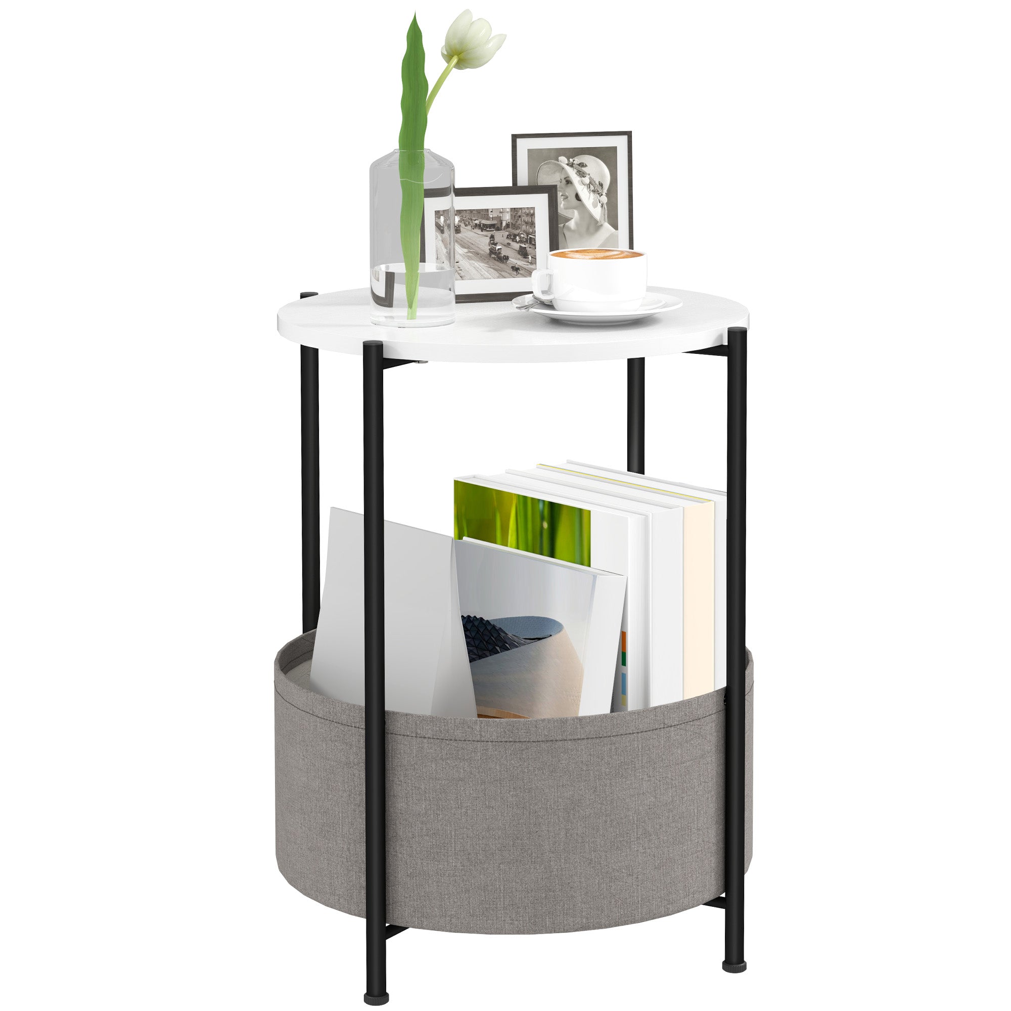 HOMCOM Runder Beistelltisch mit Stoffkorb, 2-stufiger Kaffeetisch für Wohnzimmer, Schlafzimmer, kleine Räume, Metall, Grau+Weiß