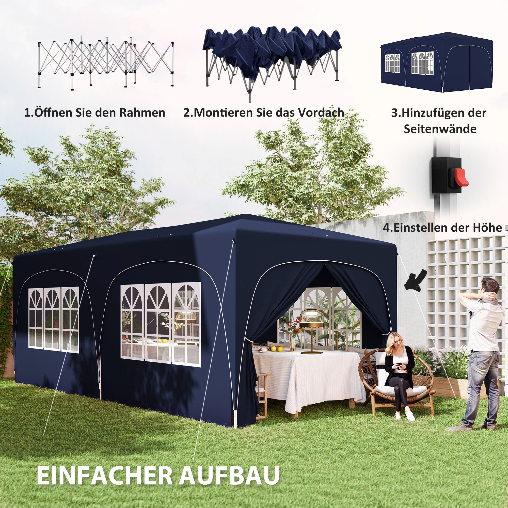 Outsunny 3 x 6 m Pop-up Pavillon mit Seitenwänden, UPF50+ höhenverstellbares Gartenzelt mit Tragetasche und Sandsäcken
