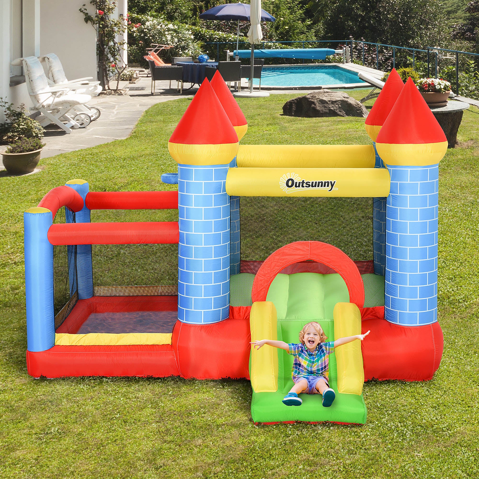 Outsunny Aufblasbare Hüpfburg mit Rutsche Pool für 3 Kinder Burg mit Gebläse für 3-8 Jahre Rot+Blau+Grün 280 x 260 x 210 cm