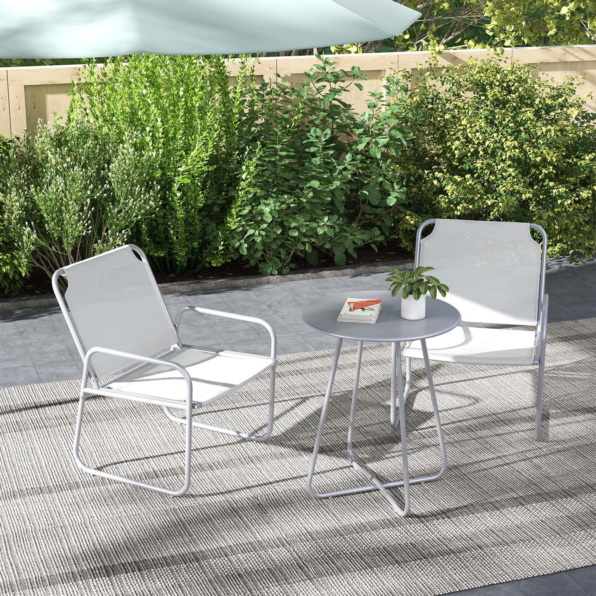 Outsunny 3-teiliges Gartenmöbelset, 2 Stühle mit atmungsaktivem Stoffbezug, 1 runder Tisch Ø60 cm, Hellgrau