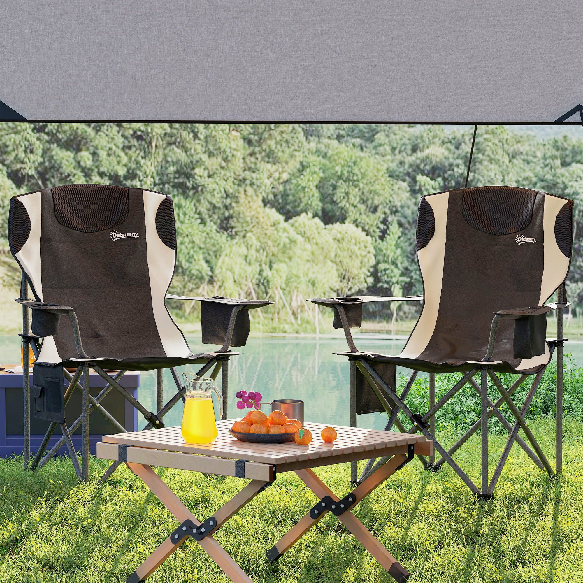 Outsunny 2er Set Faltstuhl faltbar Campingstuhl mit Armlehnen Getränkehalter Kopfstütze Kühltasche Schwarz