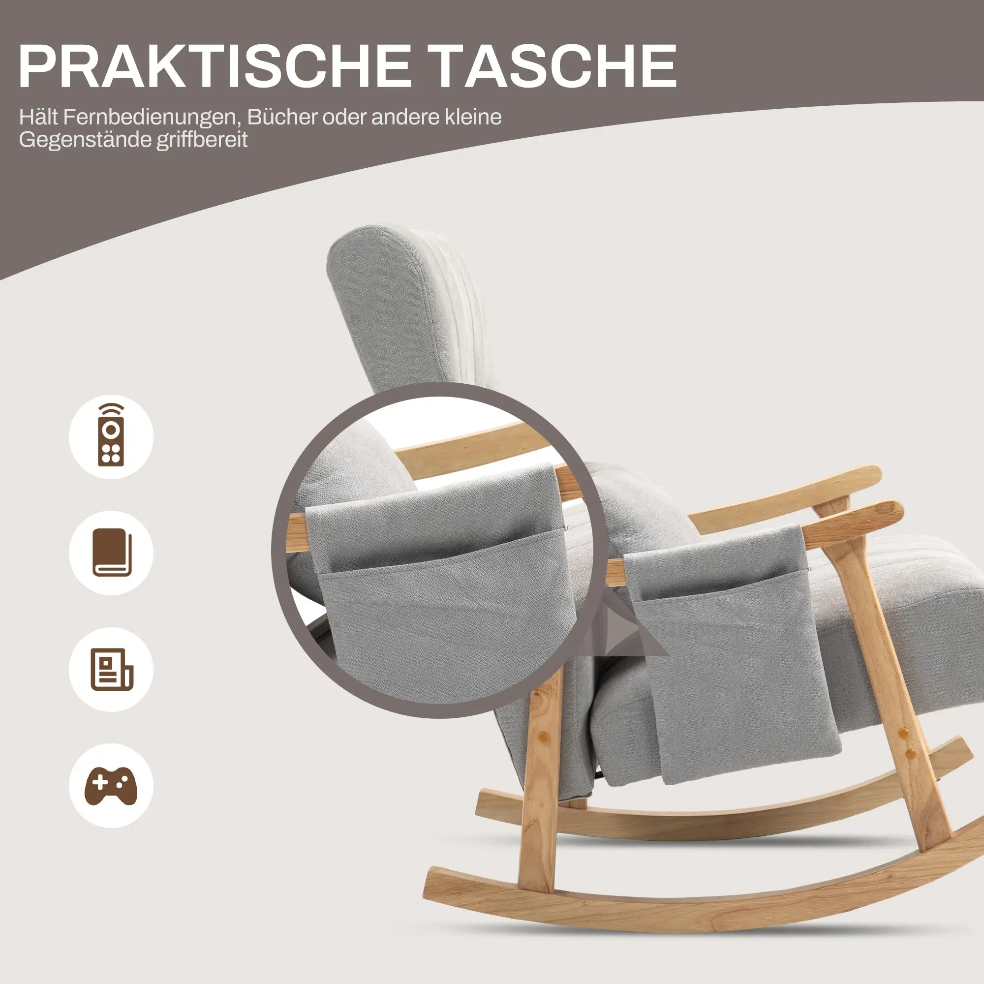 HOMCOM Schaukelstuhl mit Nierenkissen, breiter Sitz, Buchenrahmen, bis 120 kg, Grau