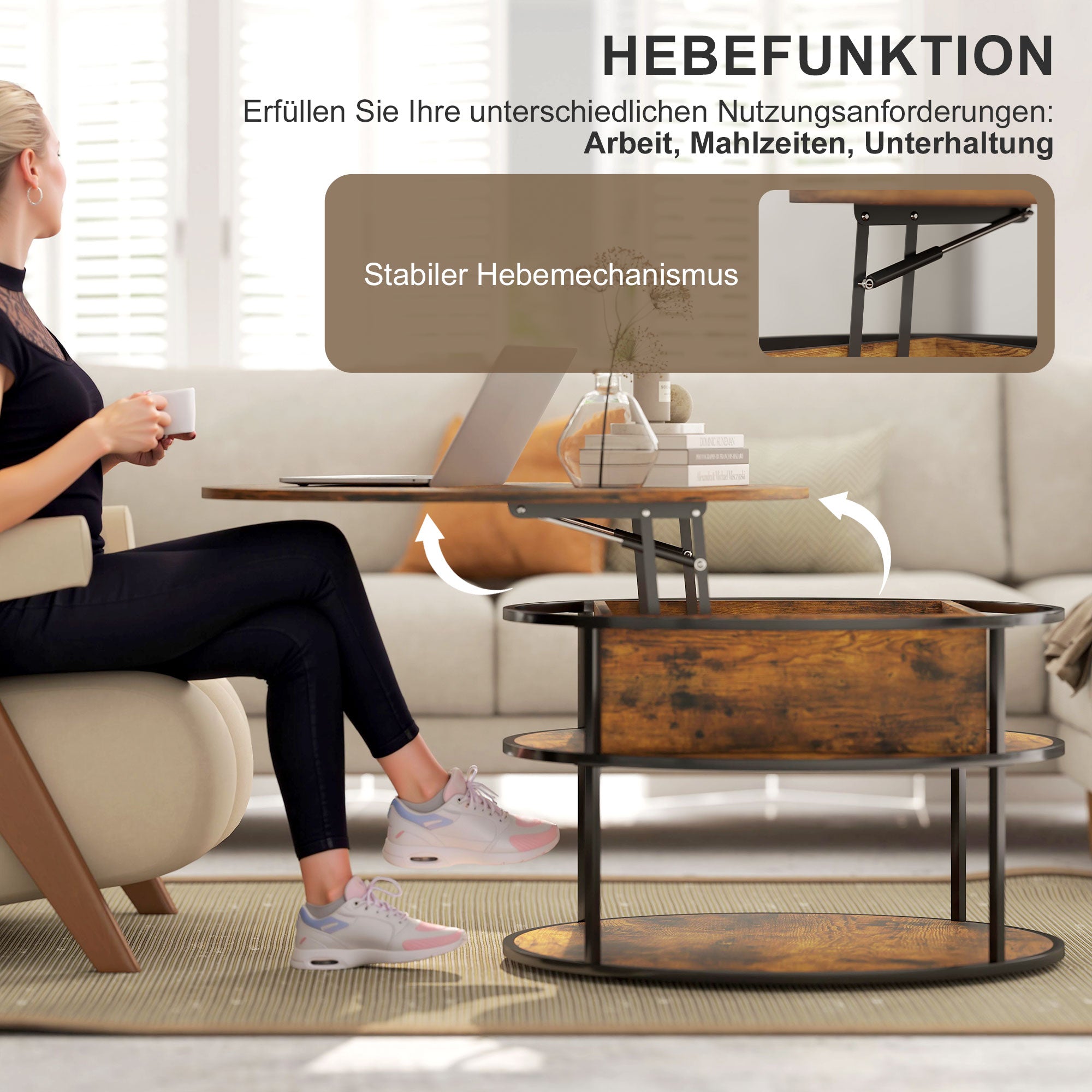 HOMCOM Runder Kaffeetisch mit anhebbarer Tischplatte, Stauraum, seitliche Regale, Stahlrahmen, Couchtisch, Braun