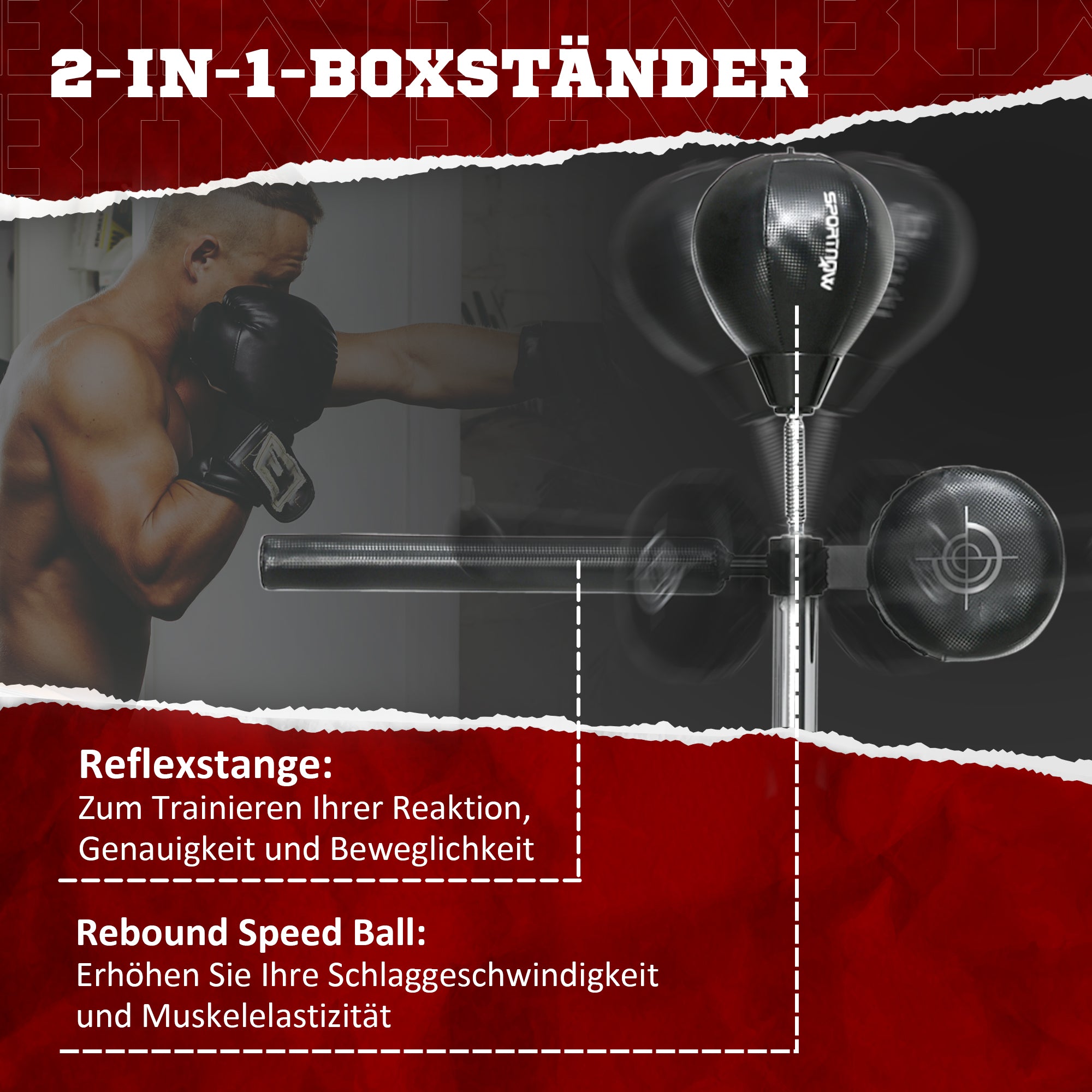 SPORTNOW Höhenverstellbarer Punchingball, 360° drehbar, inkl. Boxbandagen, Schwarz, 80,5 x 48 x 163-205 cm