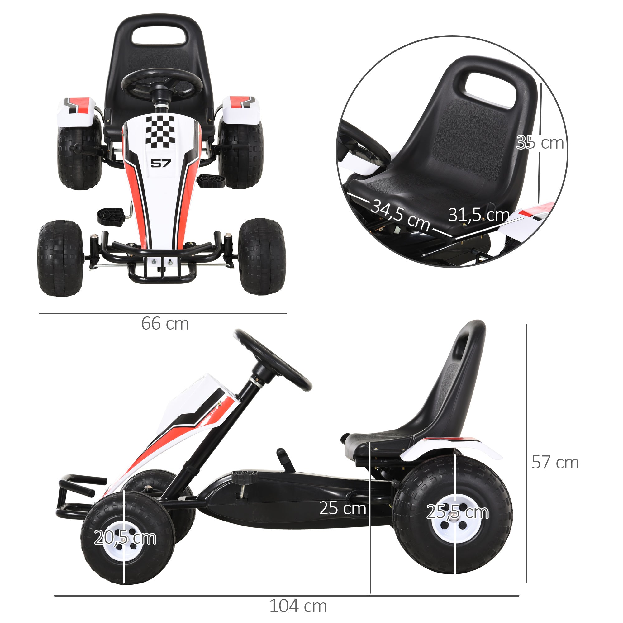 HOMCOM Go Kart Kinderfahrzeug Tretauto mit Pedal Bremsen Kinderspielzeug für 3-6 Jahre Stahl Weiß 104 x 66 x 57 cm