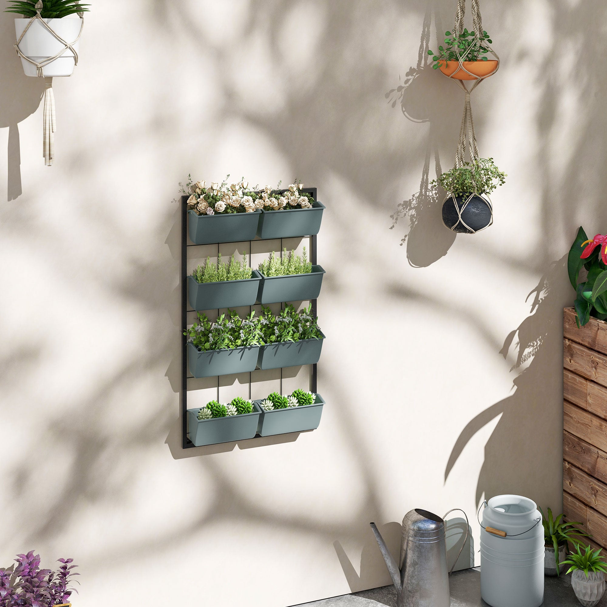 Outsunny Wand-Blumenständer 8 Töpfe Dunkelgrün