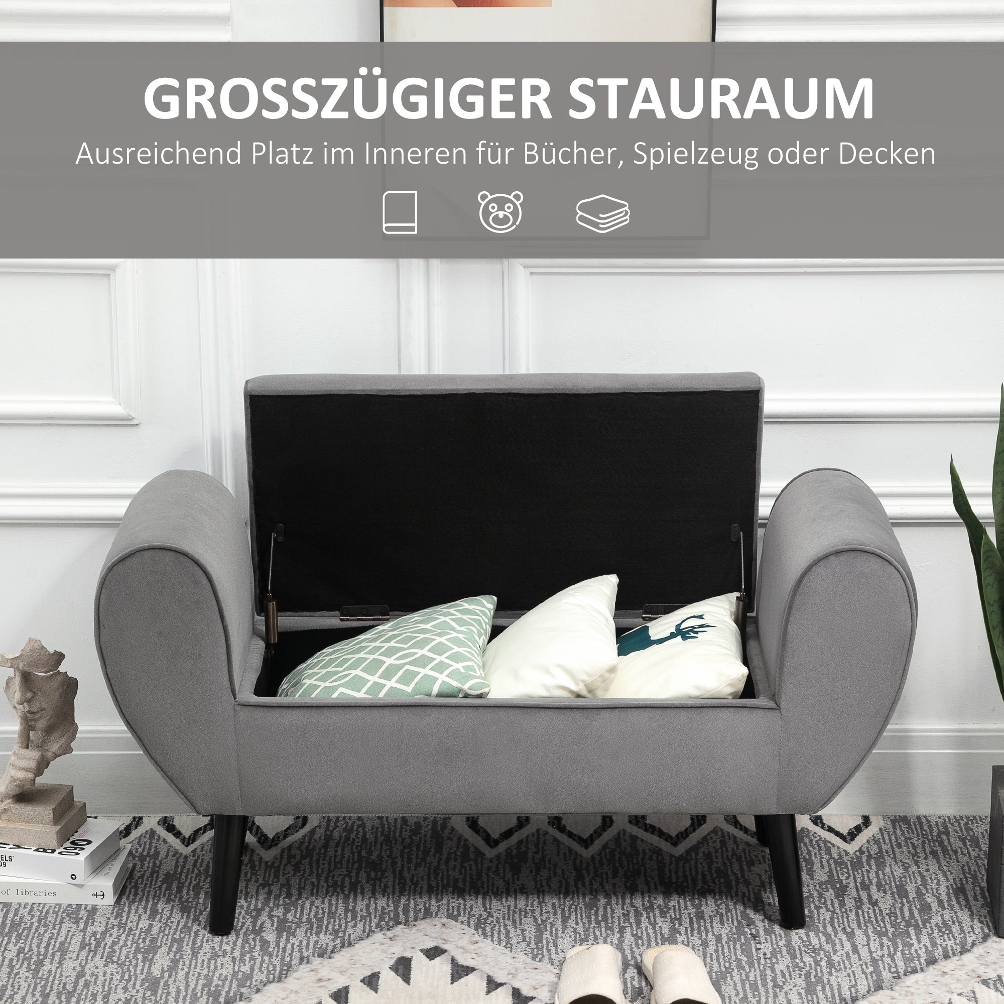 HOMCOM Polsterbank mit Stauraum und Armlehnen, Truhenbank für Flur, Schlafzimmer, Wohnzimmer, 118 x 42 x 66 cm, Dunkelgrau