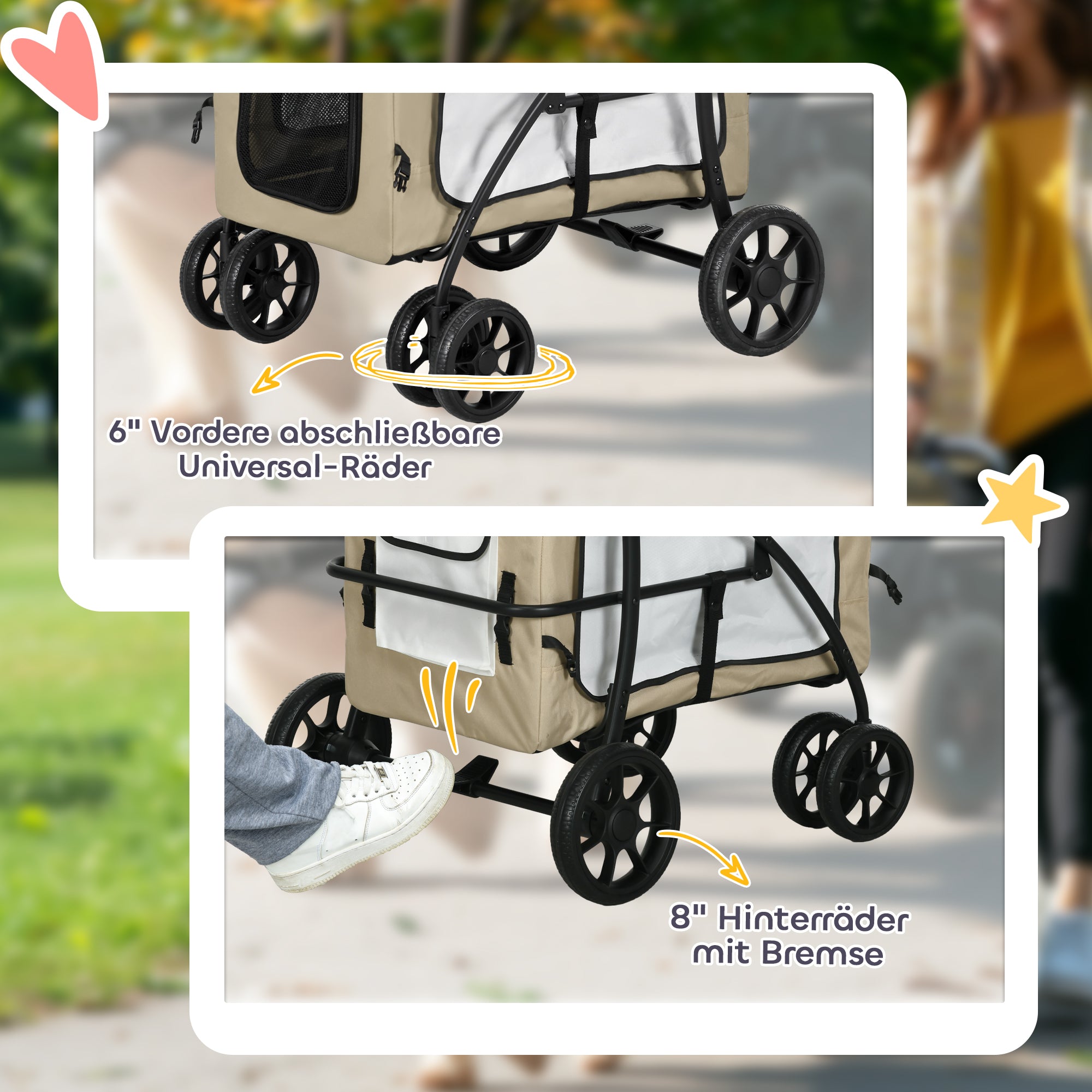 PawHut Hundbuggy Haustierbuggy Hundewagen, klappbar, abnehmbarer Korb, 81 x 58 x 97,5 cm, Schwarz+Khaki+Weiß