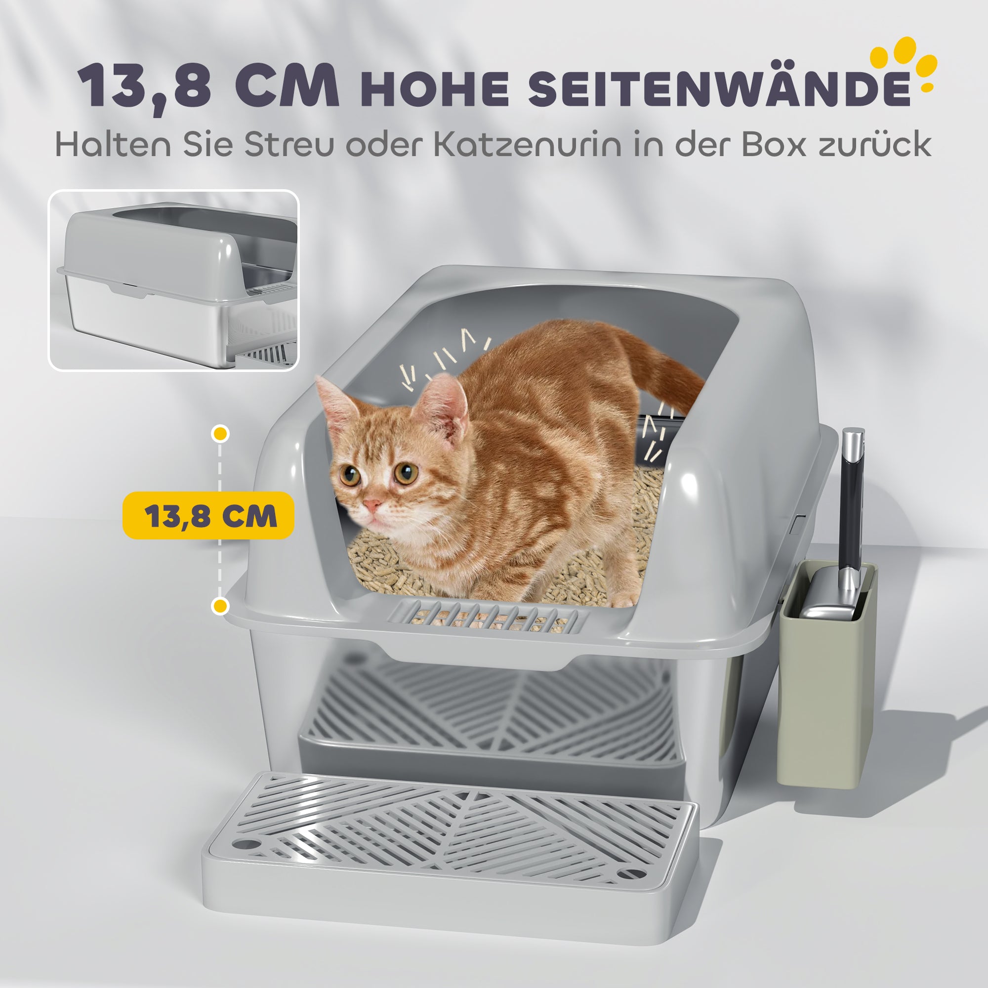 PawHut Katzentoilette, Katzenklo, Edelstahl, hohe Wände, Aufbewahrungsbox, Hellgrau