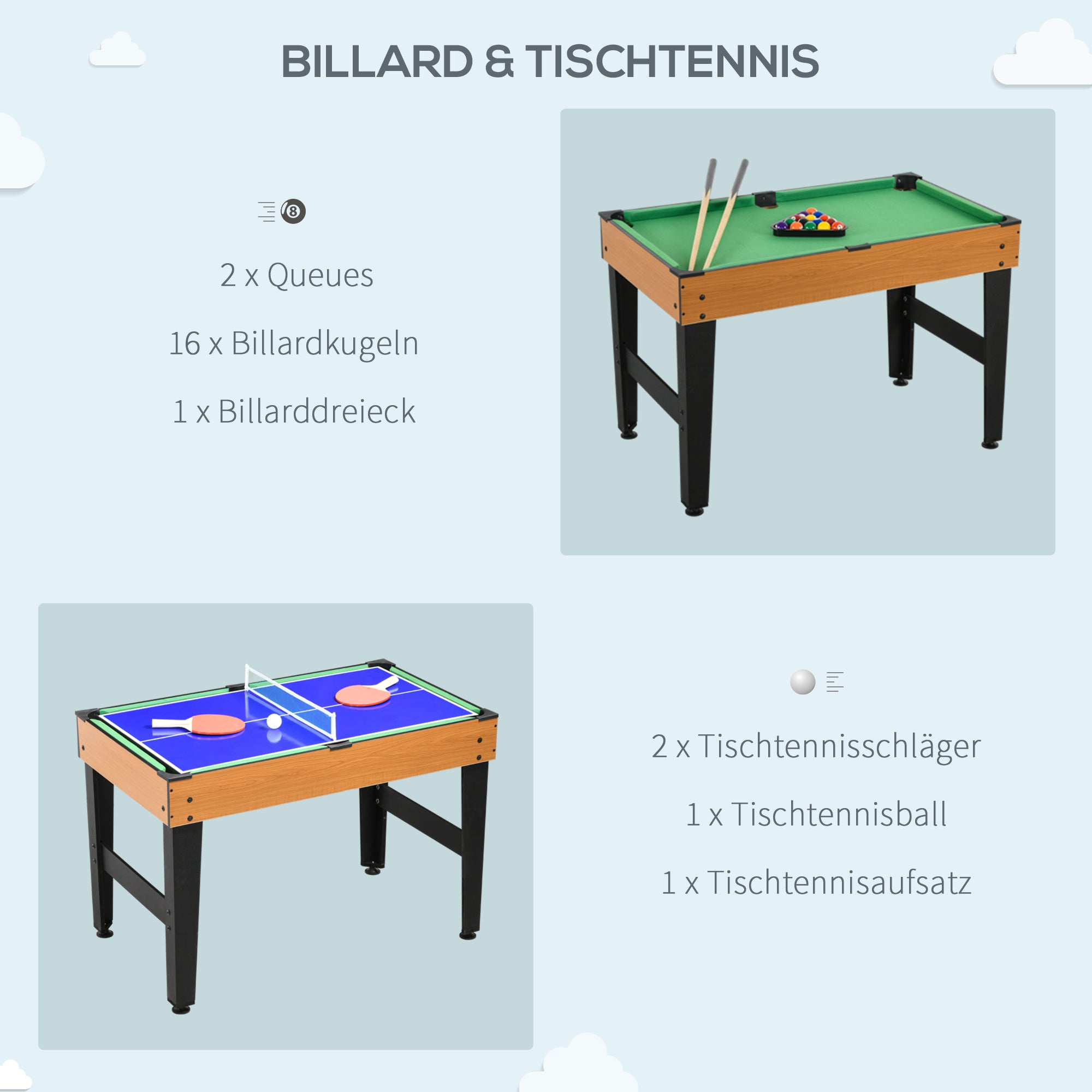 HOMCOM 4-in-1 Partyspieltisch inkl. Tischtennis, Kicker, Billard, Tischhockey, Metall, Holz, Natur+Schwarz