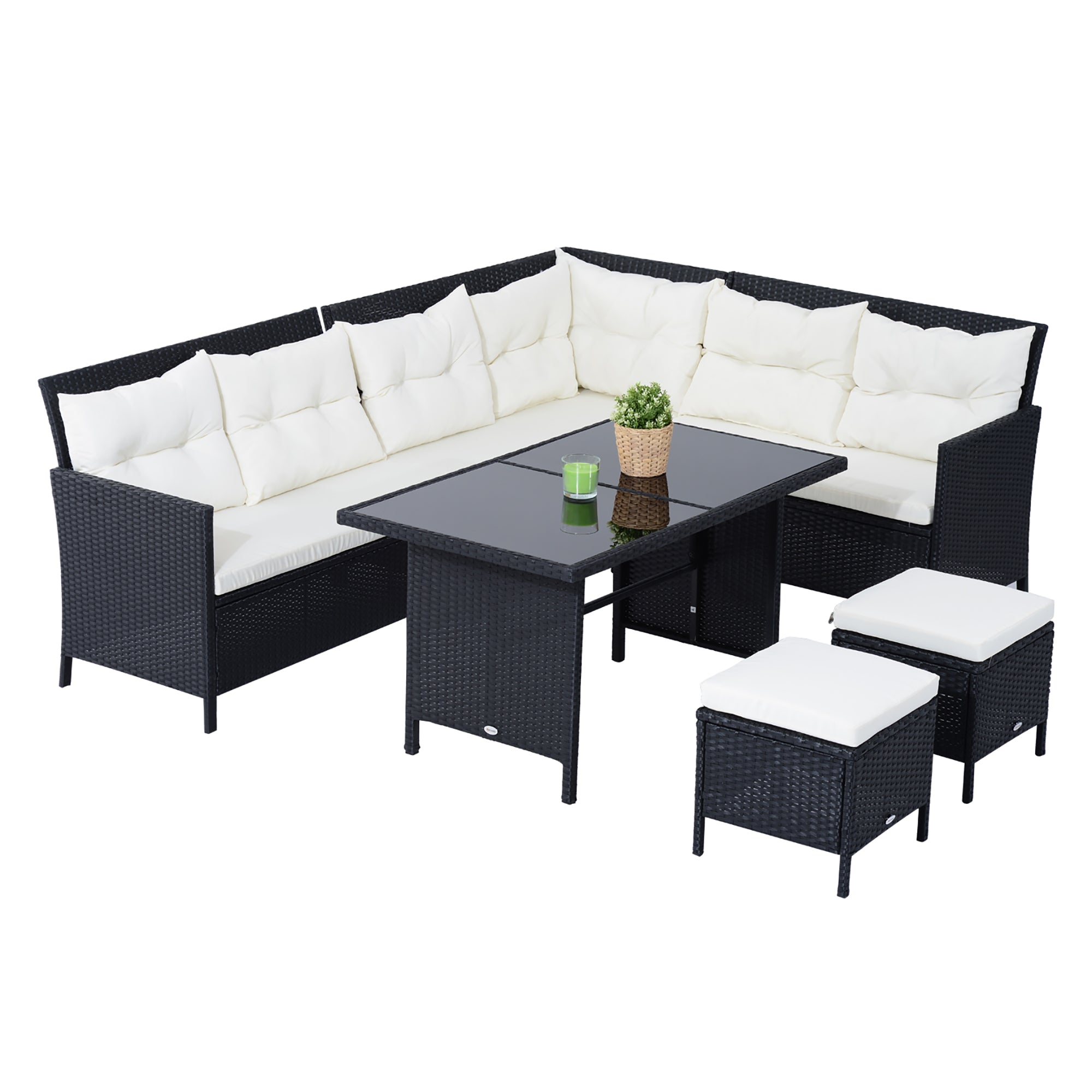 Outsunny Gartenmöbel-Set aus PE-Rattan für 7 Personen, abnehmbare Polster, Cremeweiß + Schwarz