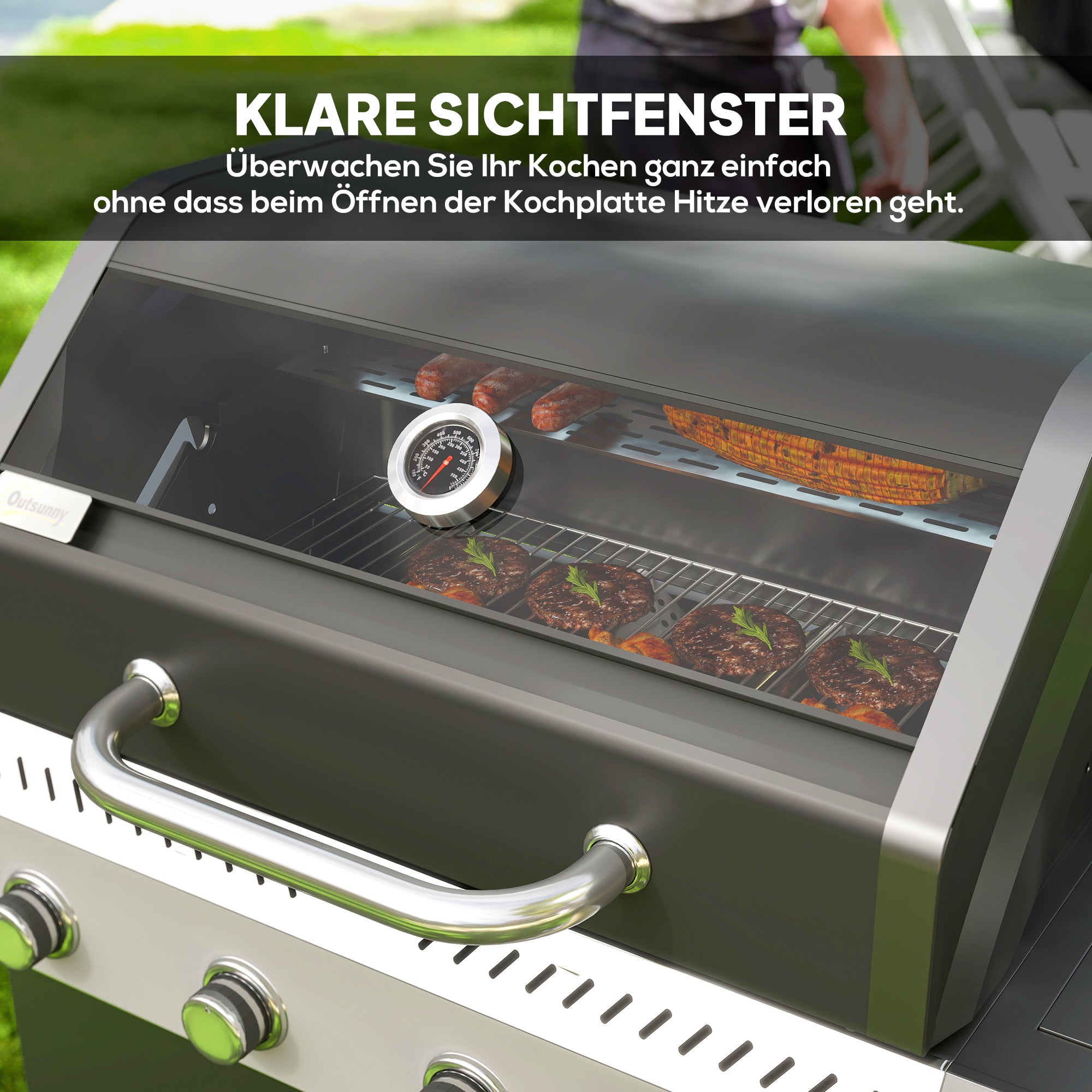 Outsunny Gasgrill 12 KW Grillwagen inkl 5 Brenner Seitenkocher Rolle Deckel Thermometer Seitenablagen 135 x 54 x 110 cm