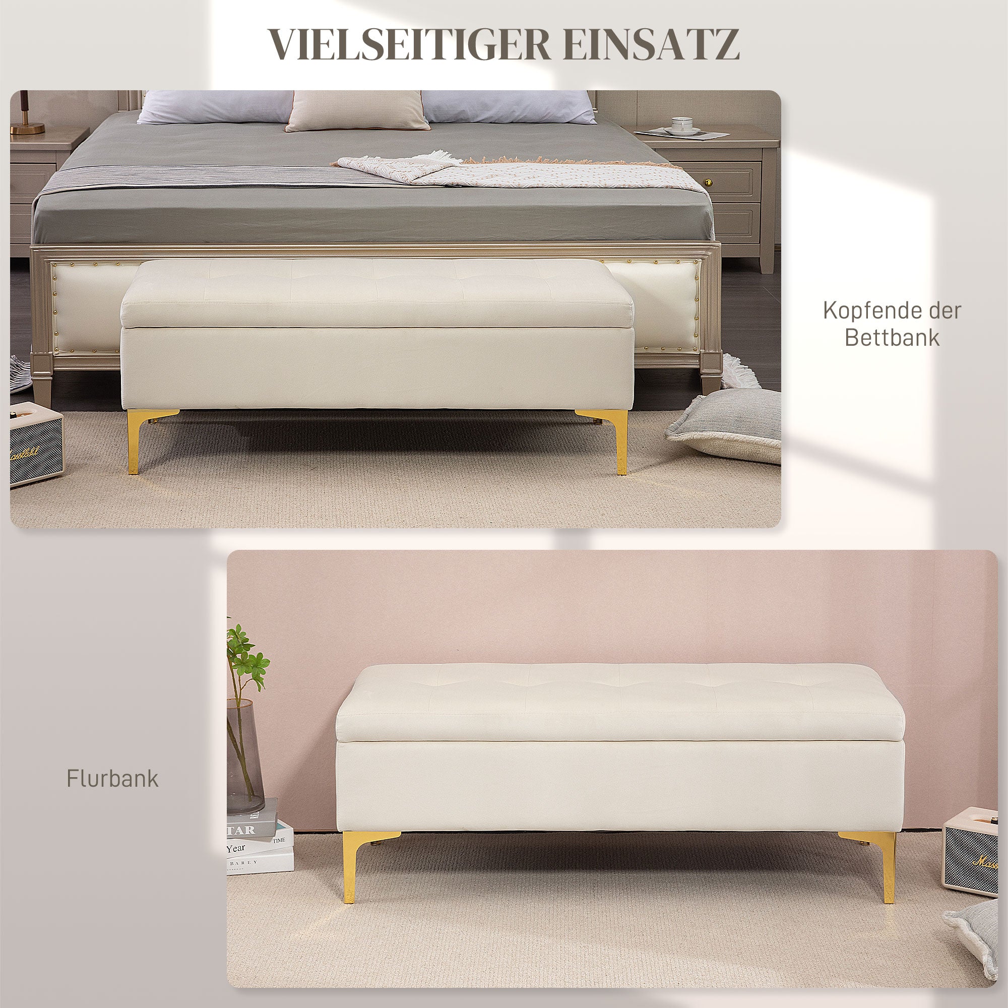 HOMCOM Sitzbank mit Stauraum, belastbar bis 120kg, 120x44x44,5cm, Beige