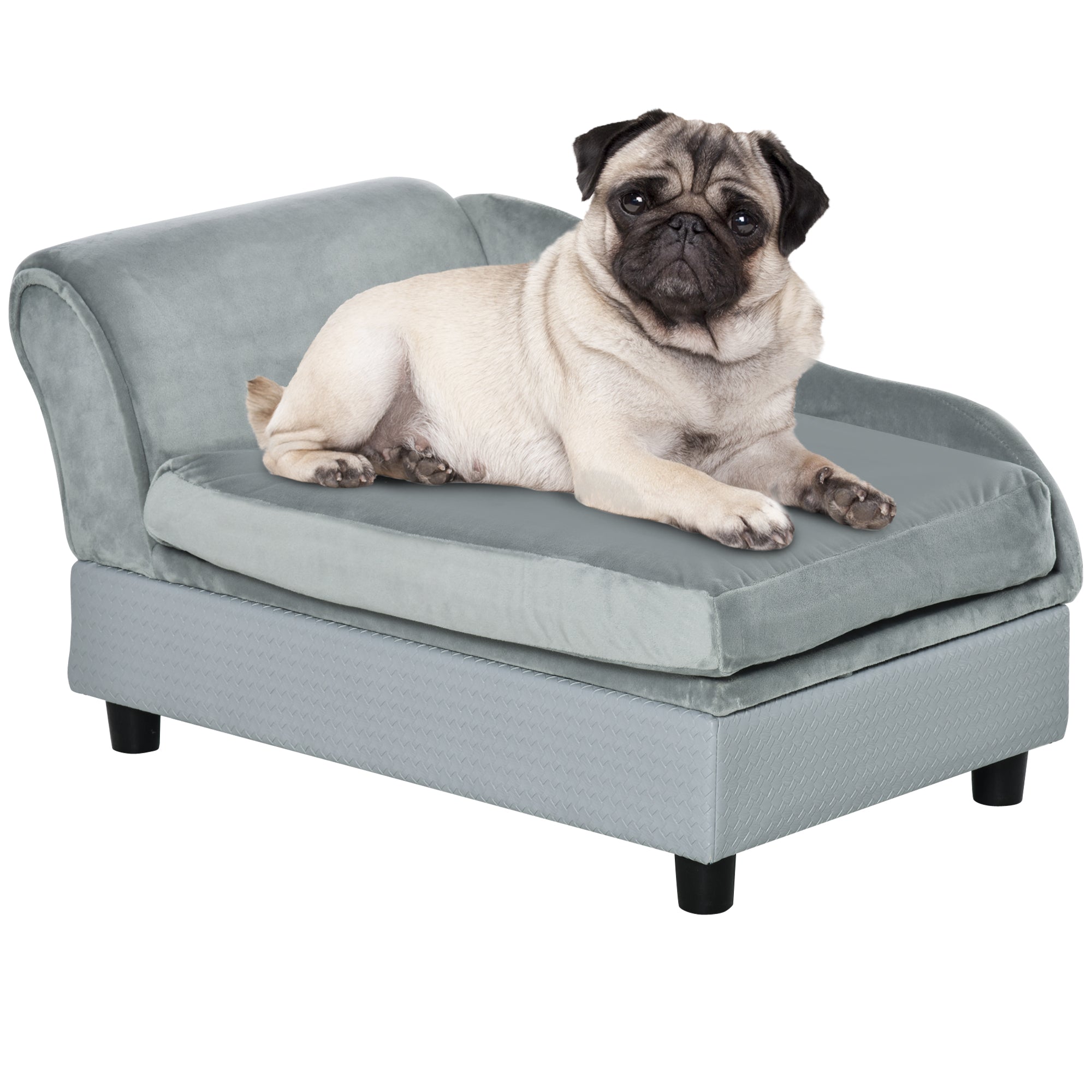 PawHut Haustiersofa mit Stauraum, weichem Kissen, bis 15 kg Tragkraft, Plüschbezug, Hartholzrahmen, Hellgrau
