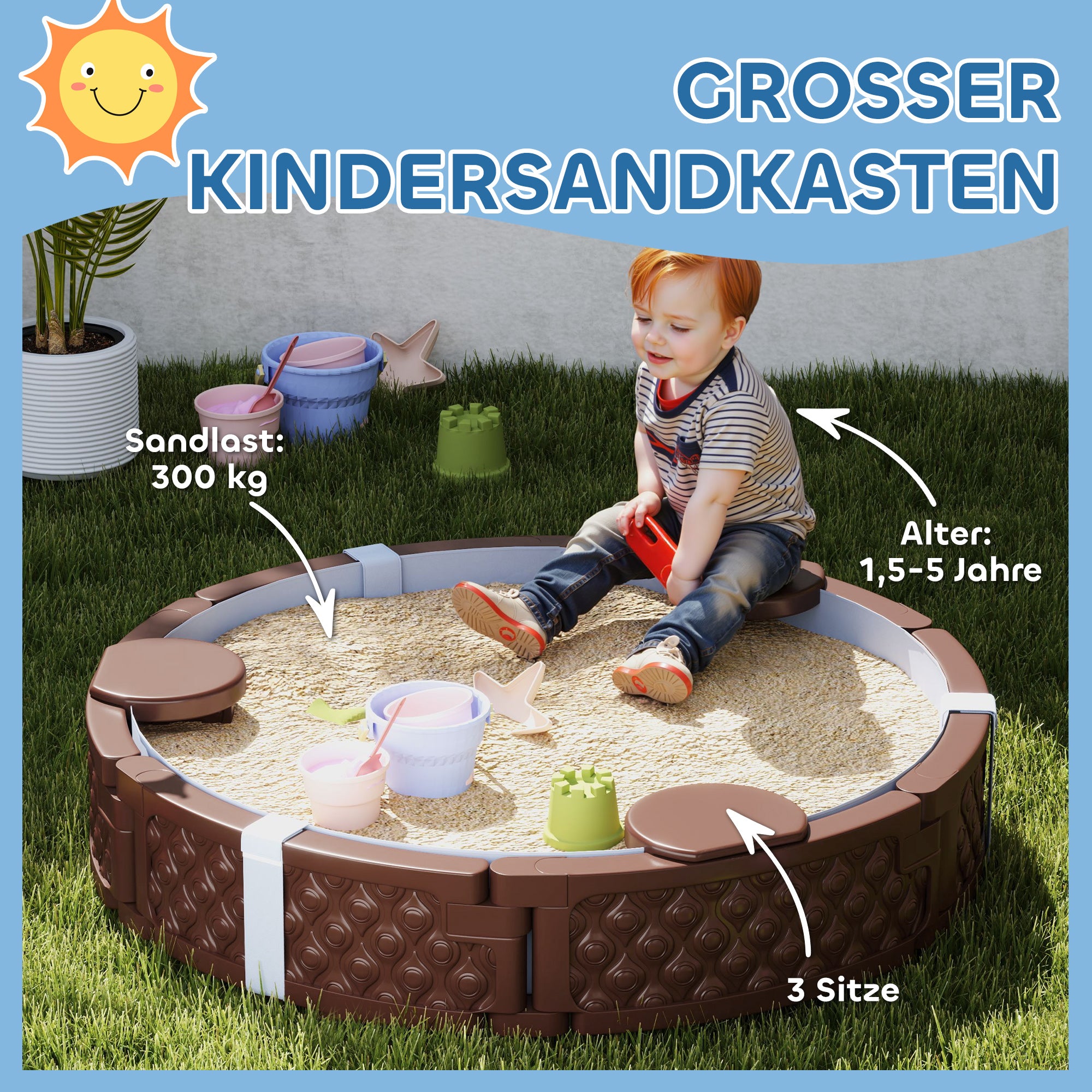 AIYAPLAY Sandkasten, Runde Sandkiste für bis zu 3 Kinder, mit 3 Sitzen, wasserfeste Unterlage, Schutzplane, 300 kg Sand