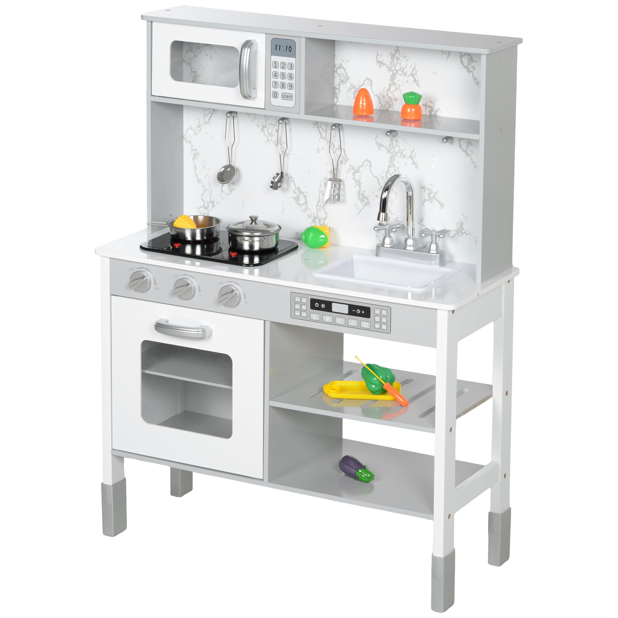 AIYAPLAY Spielküche mit Herd, Mikrowelle, viel Zubehör, höhenverstellbar, 70,1 x 28 x 90,2/96,1 cm, Weiß