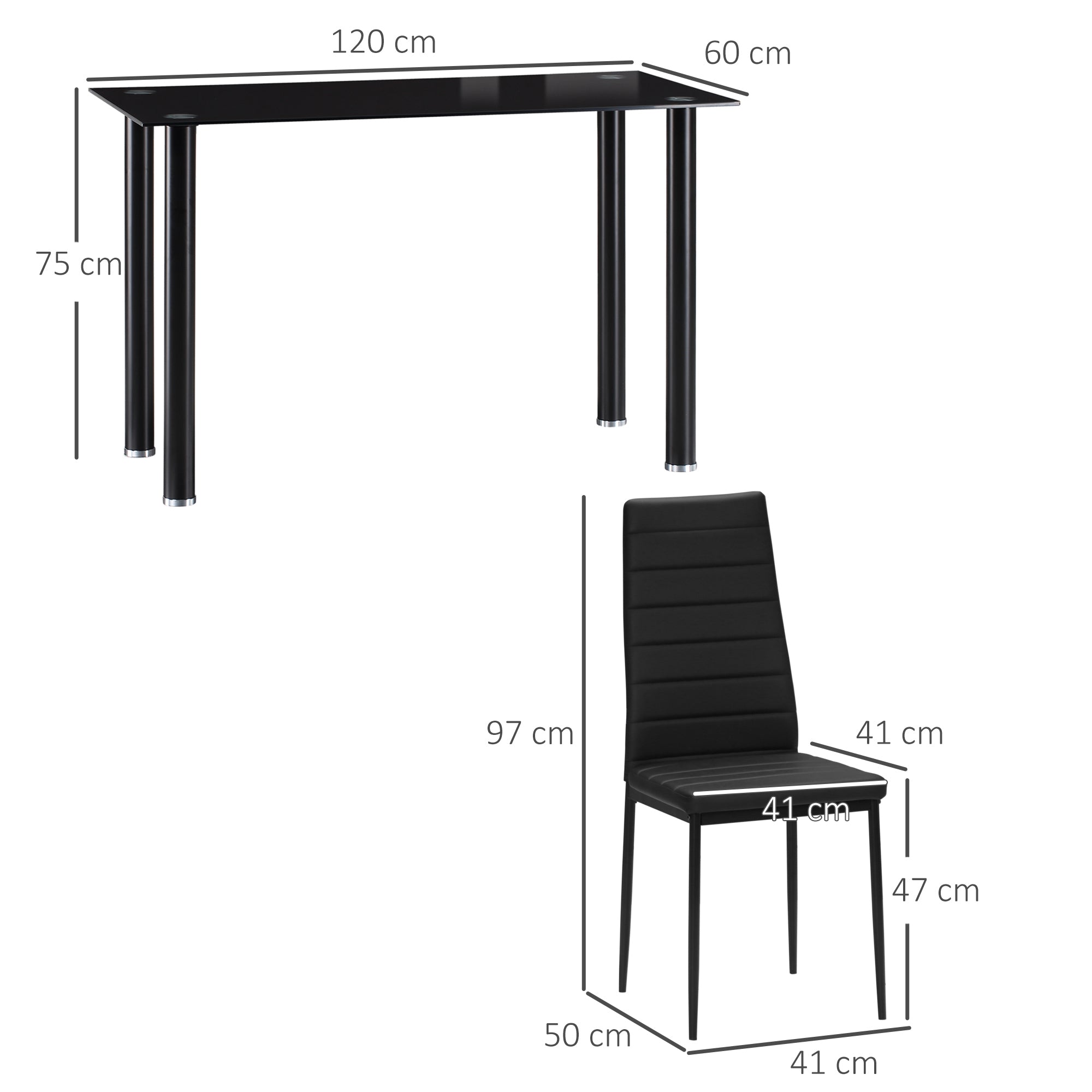 HOMCOM 5-tlg. Essgruppe Sitzgruppe Esstisch mit 4 Stühlen, modernes Design, Glastisch, Schwarz