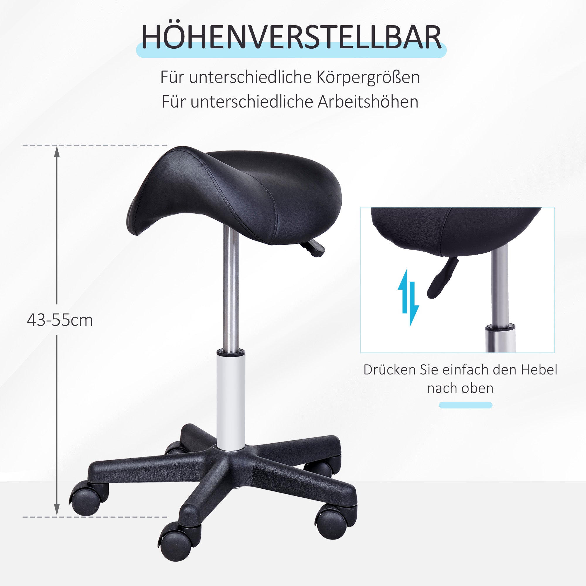 HOMCOM Rollhocker, sattelförmiger Sitz, höhenverstellbar, um 360° drehbar, Kunstleder, schwarz, 35 x 38 x 45-55 cm