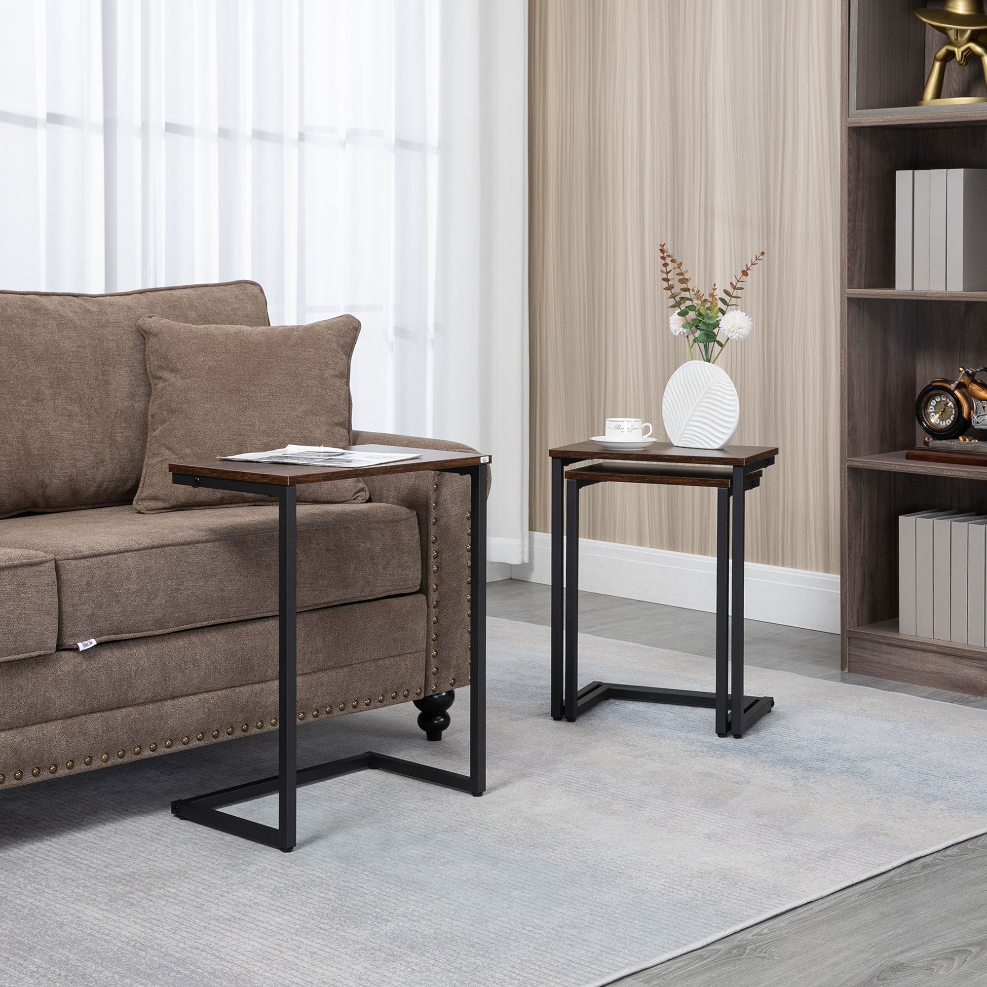 HOMCOM Satztisch, Beistelltisch, 3er-Set, Industrial Design, Stahlrahmen, braun+schwarz, 45 x 30 x 60cm