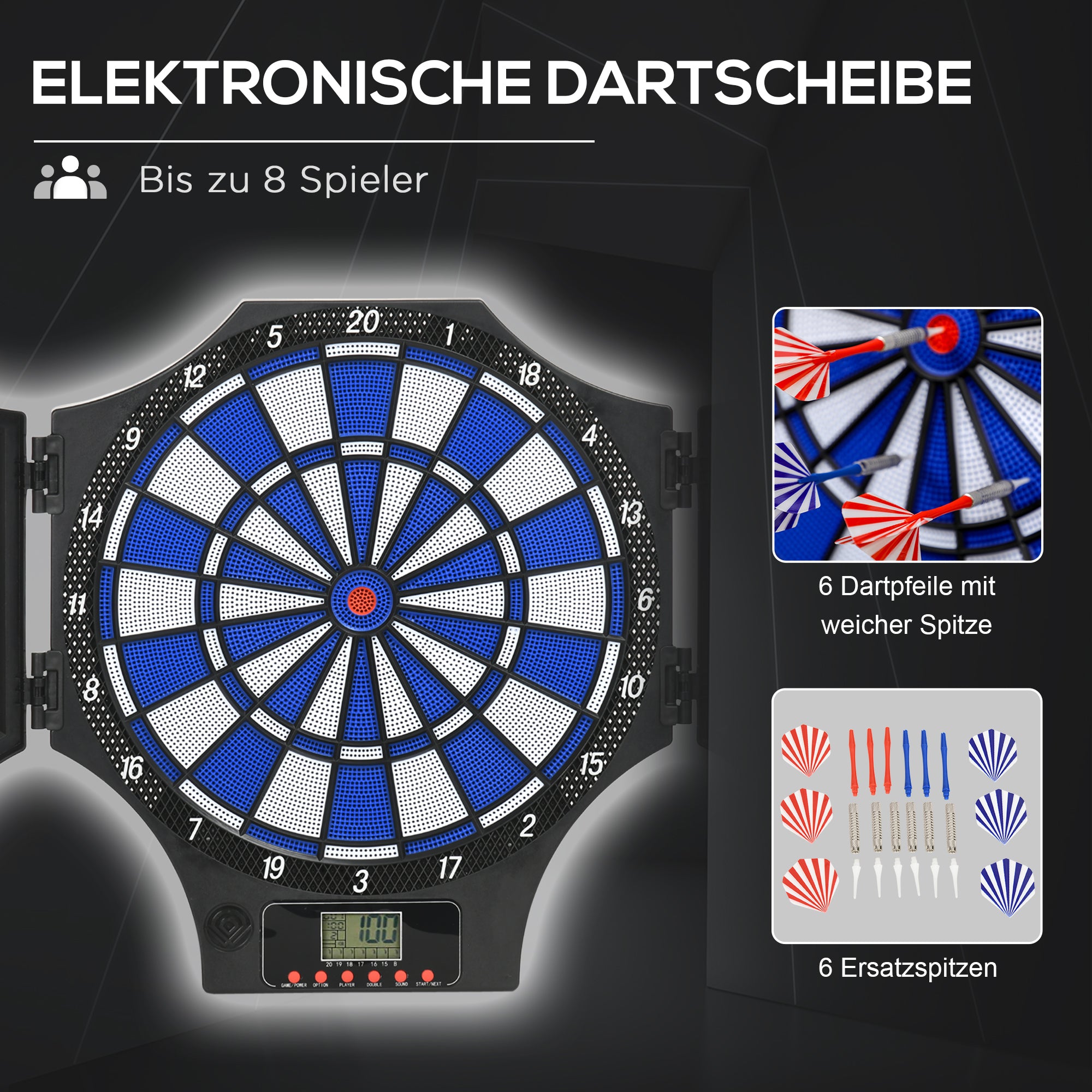 SPORTNOW Dartscheibe, elektronisch, 31 Spiele und 285 Programme, für 8 Spieler, 2 Türen, 6 Pfeile, Sound, schwarz, 83 x 45 x 4 cm