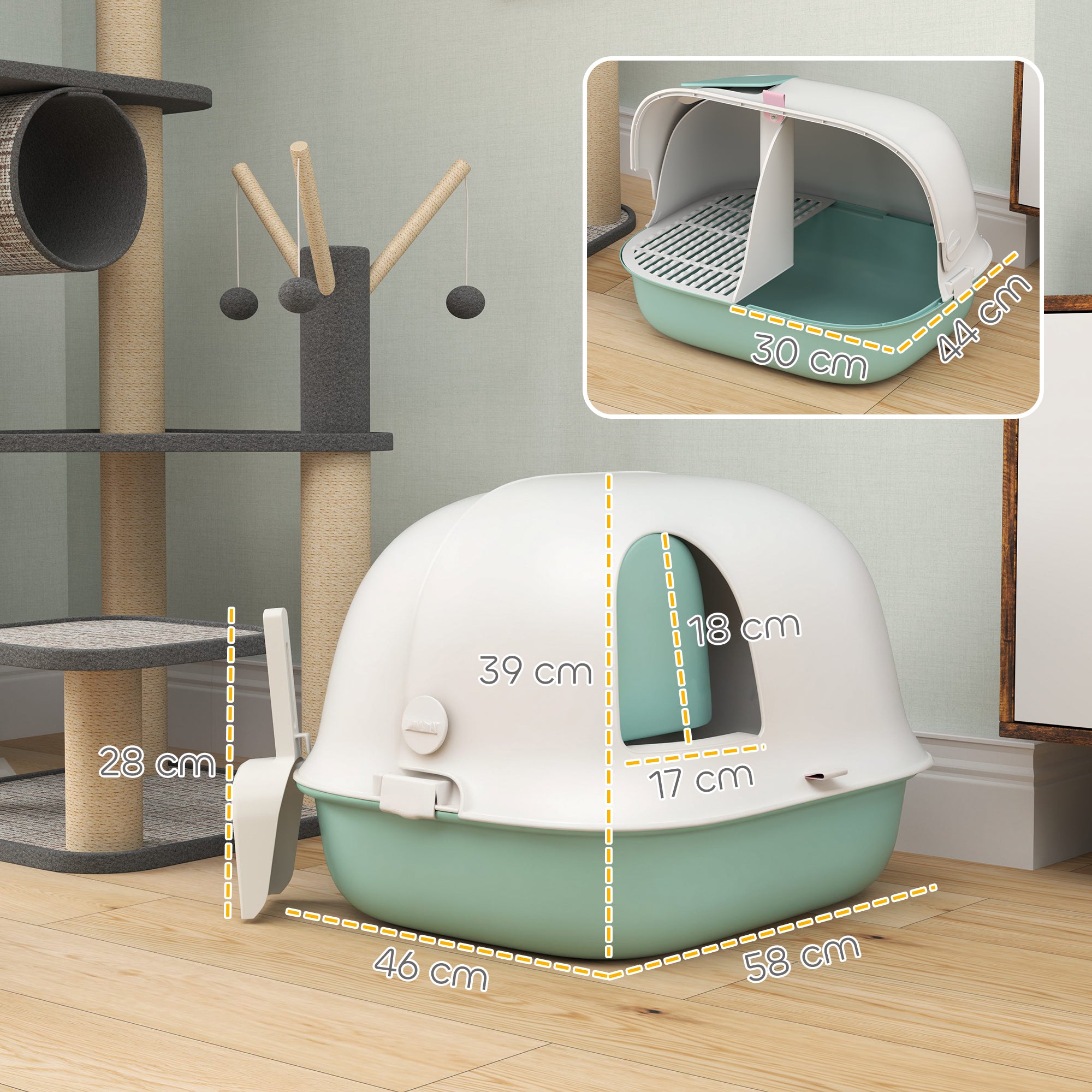 PawHut Katzentoilette mit Deckel, Katzenklo mit internem Kanal, Tür, Schaufel, leicht zu reinigen, Kunststoff, Grün