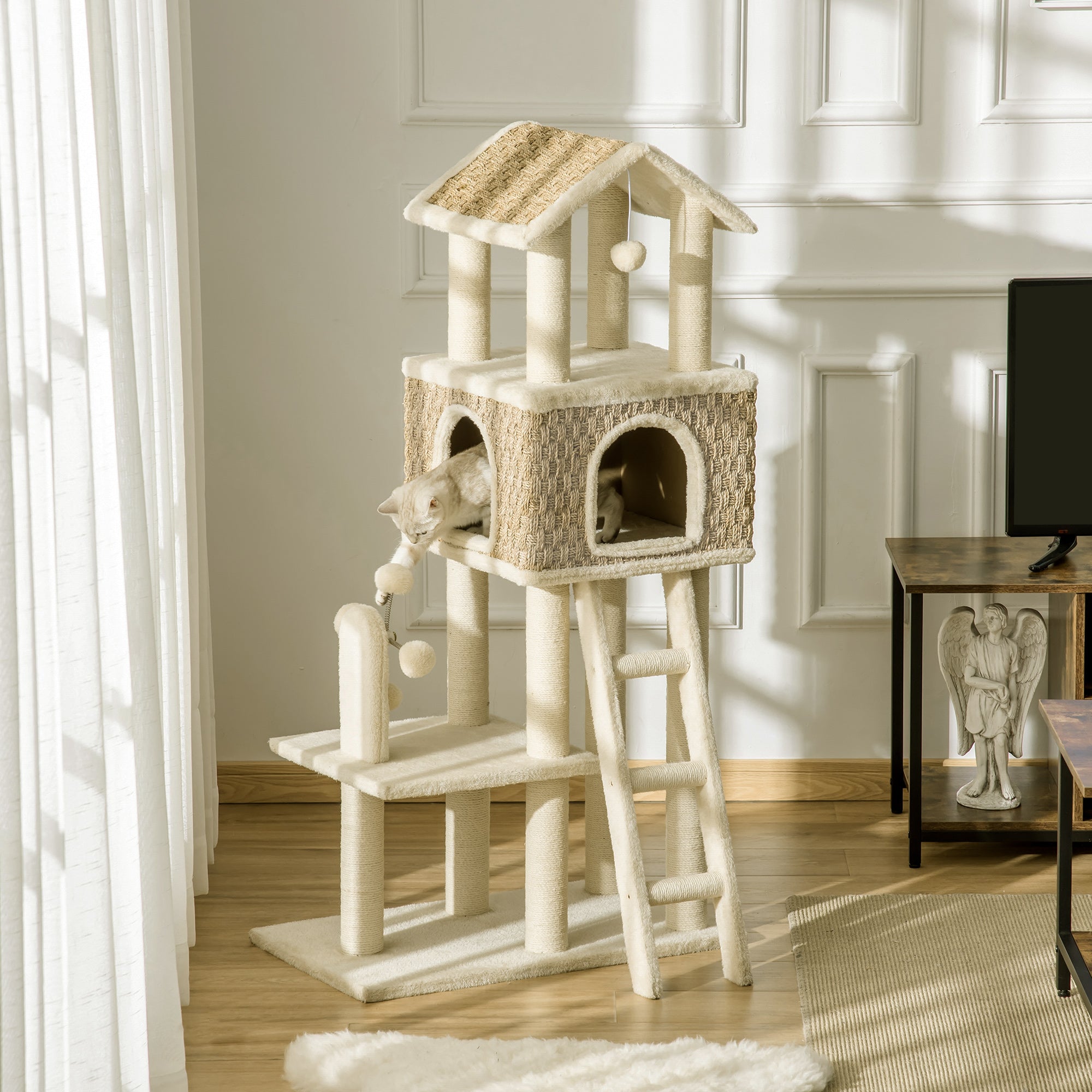 PawHut mit Katzenhöhle inkl. Spielzeug Sisal Plüsch Khaki + Beige + Kaffee
