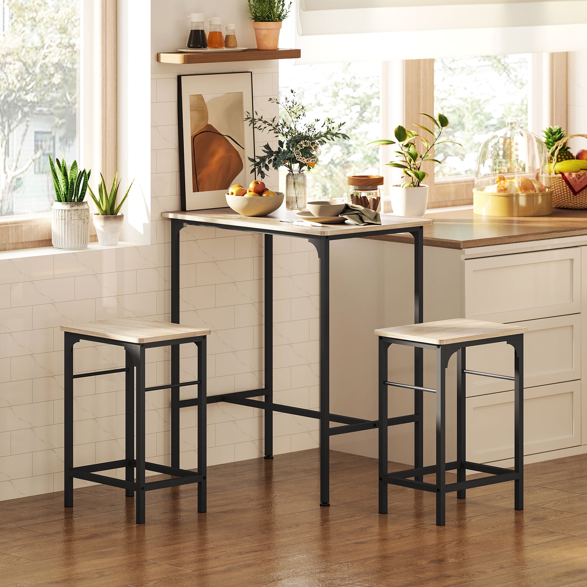 HOMCOM Bartisch Set Bartisch mit Barhocker-Set Esstisch mit 2 Stühlen mit Rutschfestem Fußpolster Naturholz
