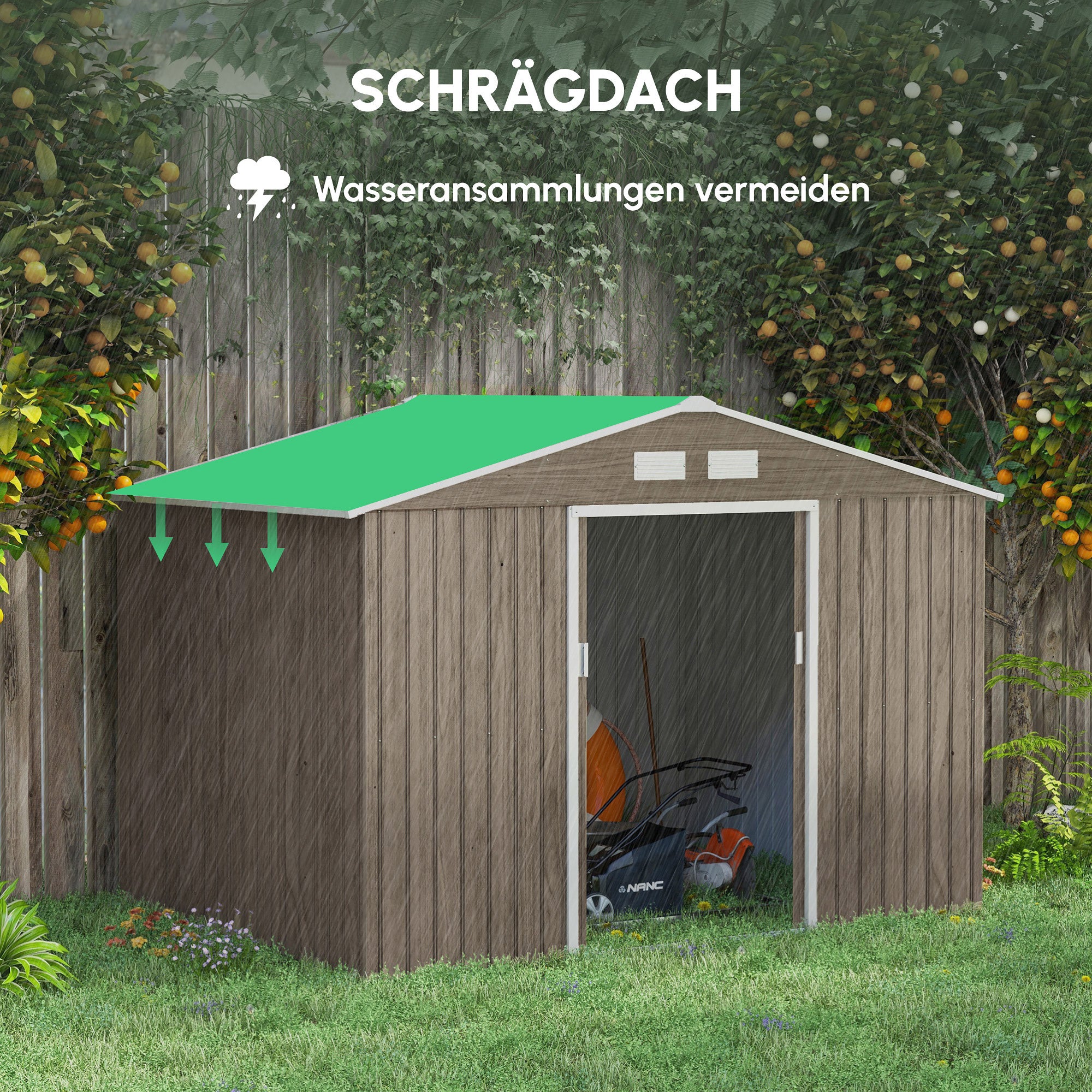 Outsunny Geräteschuppen, 2 Schiebetüren, 4 Fenster, wetterfest, Metallgehäuse, 2,7 x 1,9 x 1,9 m, Braun