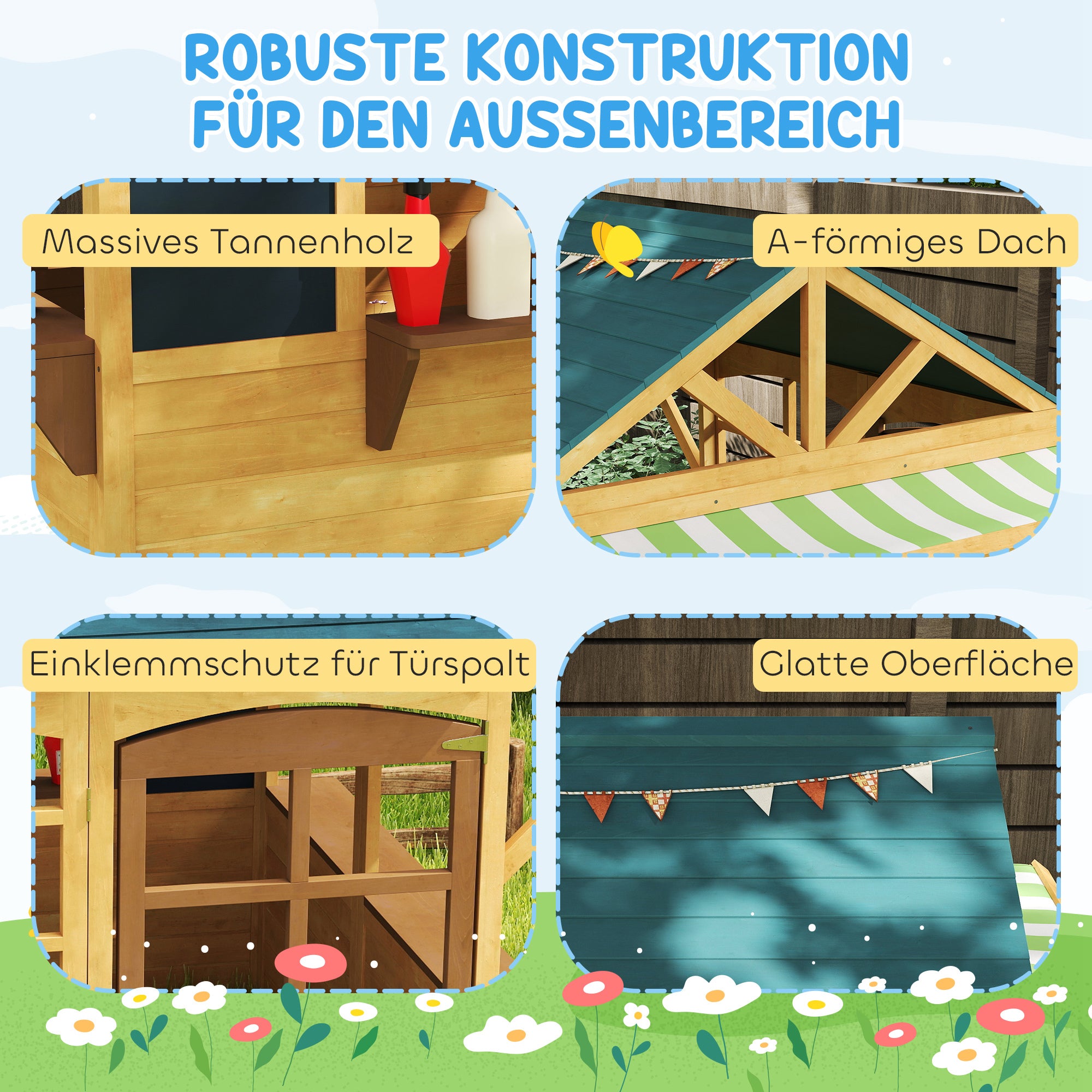 AIYAPLAY Kinderspielhaus aus Tannenholz, Faltbares Häuschen mit Fenstern, Tür, für Kinder im Alter von 3-8 Jahren, Braun+Blau