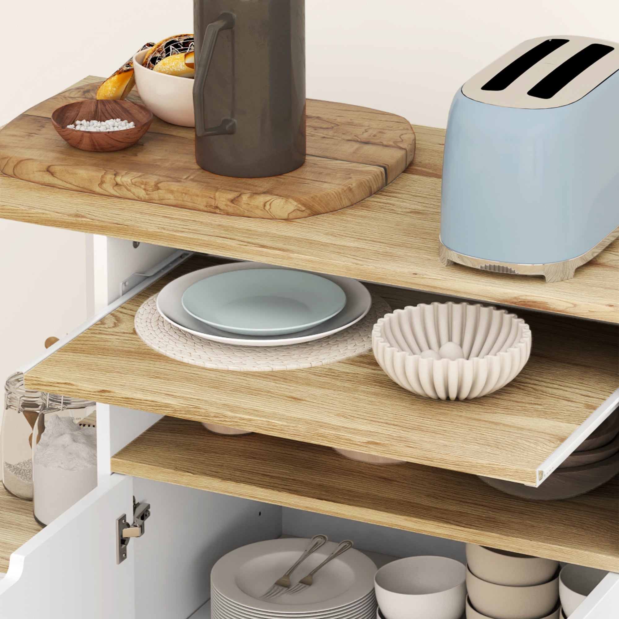 HOMCOM Rollender Küchenwagen mit Stauraum, Schrank, verstellbare Regale, für Küche, Wohnzimmer, Esszimmer, Weiß