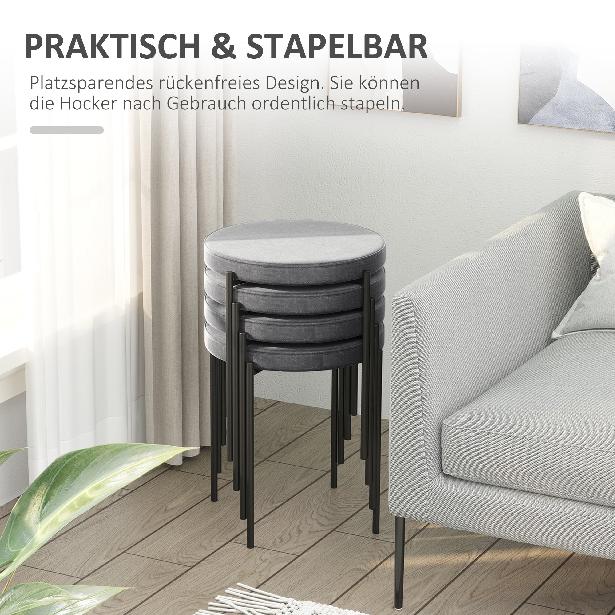HOMCOM 4er-Set Esszimmerhocker Stapelbar Esszimmerstühle Küchenstuhl mit gepolstertem Sitz, Samtoptik Sitzhocker Samt für Küche Esszimmer Metall Grau 41,5 x 41,5 x 46 cm