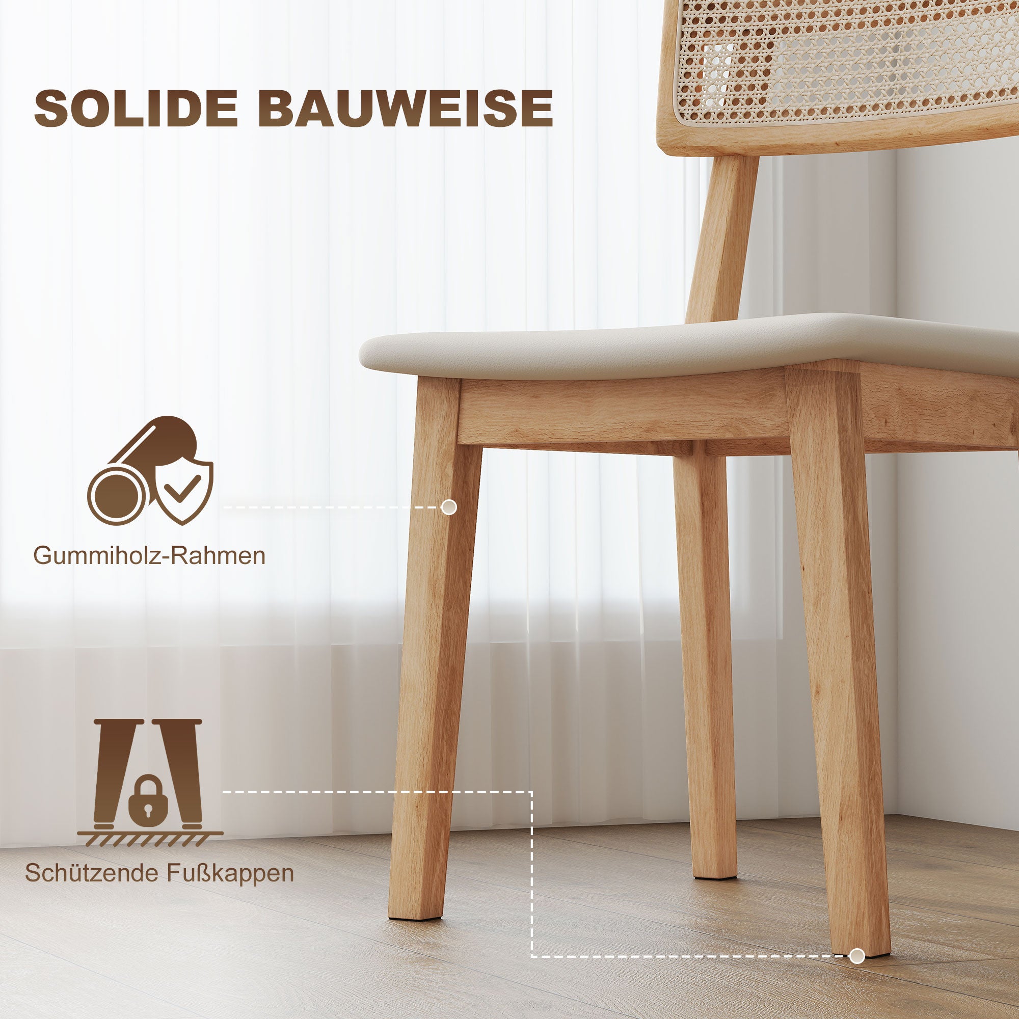 HOMCOM Esszimmerstuhl, Rattan-Rückenlehne, Kunstleder-Sitz, Kautschukholz, Naturholz