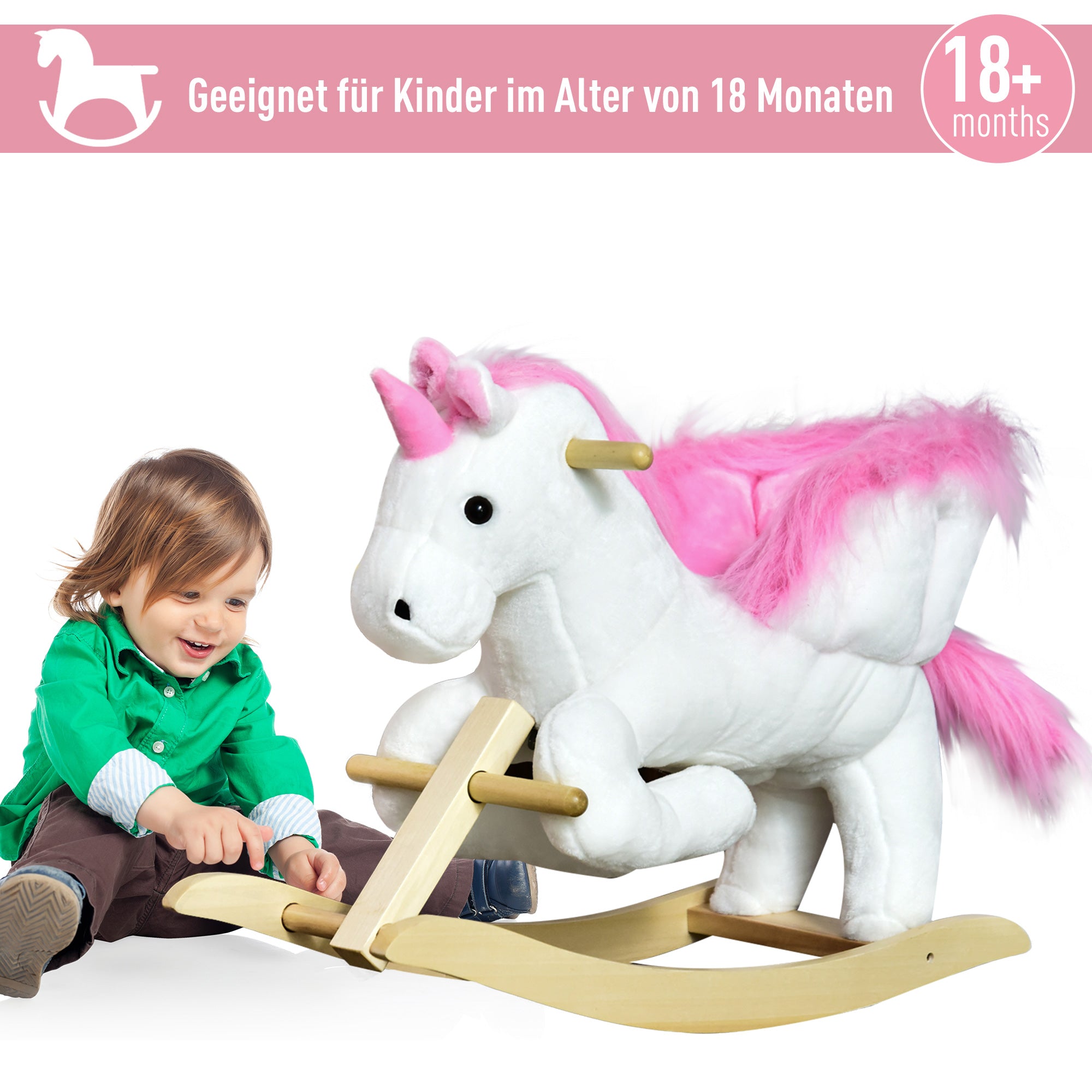 HOMCOM Schaukeltier Schaukeleinhorn mit Soundfunktion, Holzkufen und Griffen, Baby Schaukeltier mit Plüschoptik, für 1,5-3 Jahre Kinder