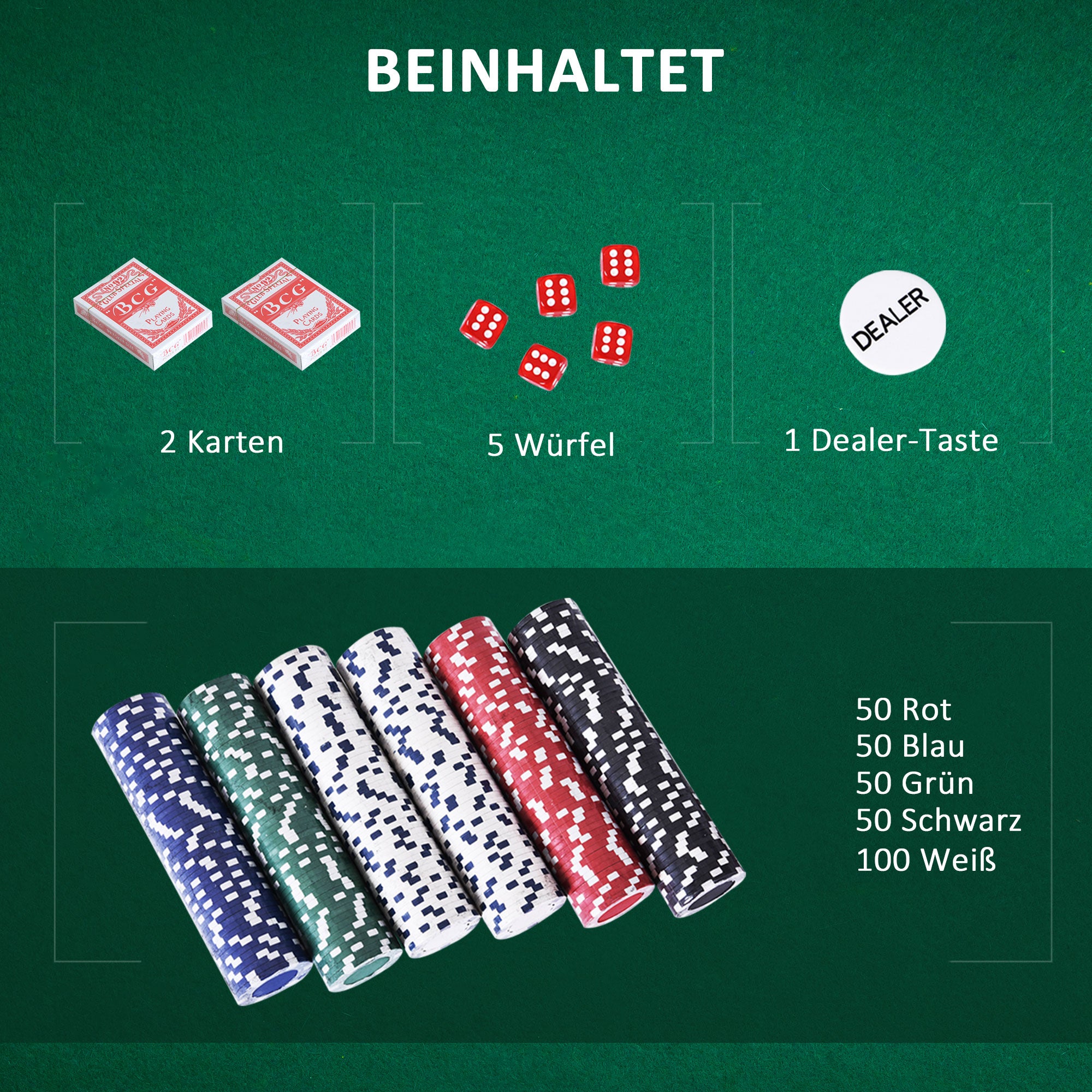 HOMCOM Pokerset, 500 Chips, 2 Kartendecks, 5 Würfel, Aluminium-Koffer, verschließbar
