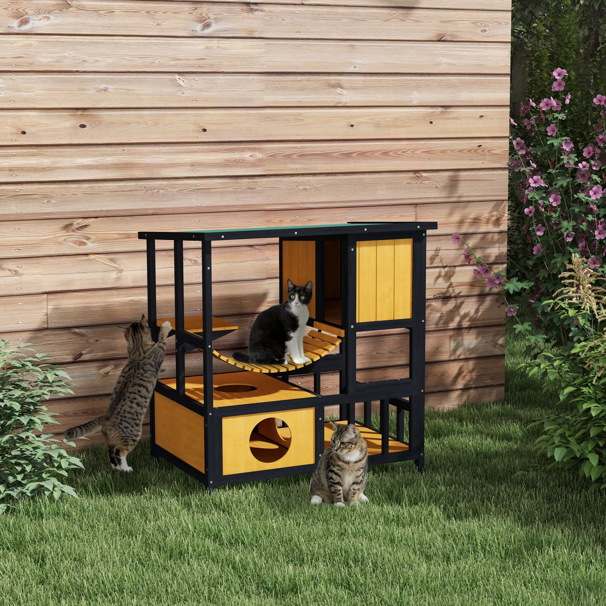 PawHut Katzenhaus Katzenhütte Katzenhöhle, wetterbeständig, 1 Rampe, 1 Plattform, 84,5 x 60 x 88 cm, Grün + Natur