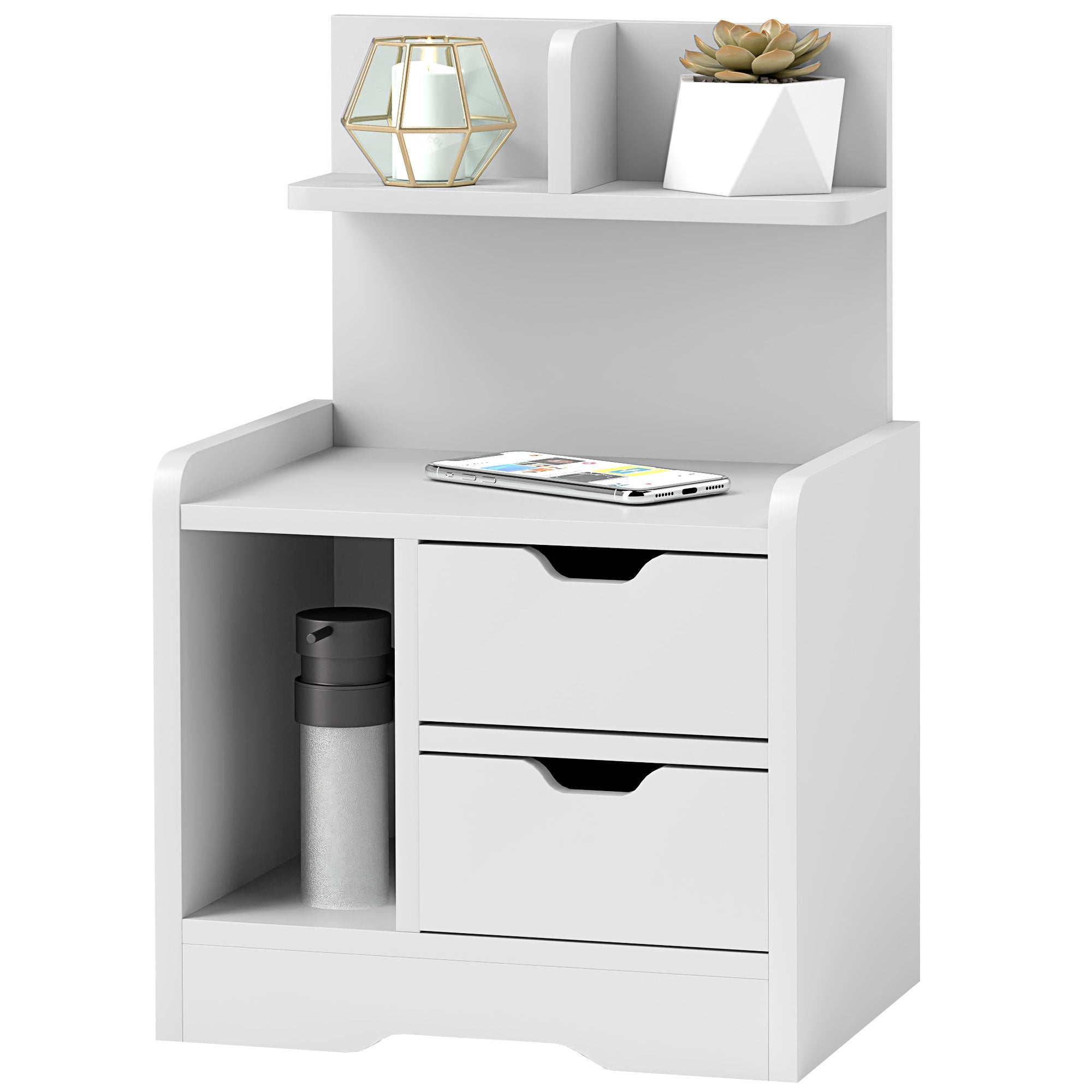 HOMCOM Nachttisch mit 2 Schubladen, offener Ablage, 40x30x60 cm, Weiß