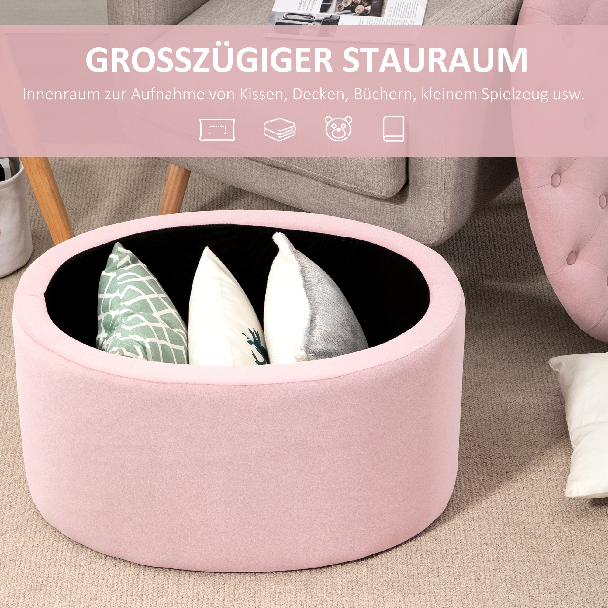HOMCOM Sitzbank mit Stauraum Polsterbank mit Samtoptik, Sitztruhe Ovale Form, Truhenbank für Wohnzimmer Schlafzimmer Flur 71 x 52 x 42 cm, Rosa