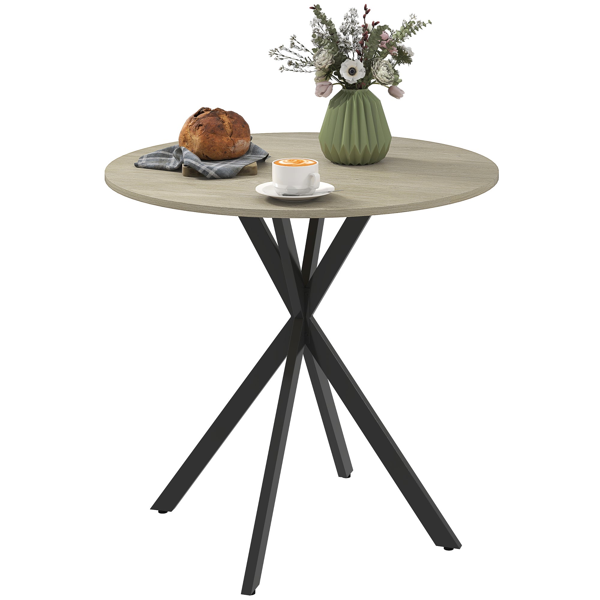 HOMCOM Runder Küchentisch, 80 cm, kompakte Tischplatte, Spanplatte, Metall, Weiße Eiche+Schwarz