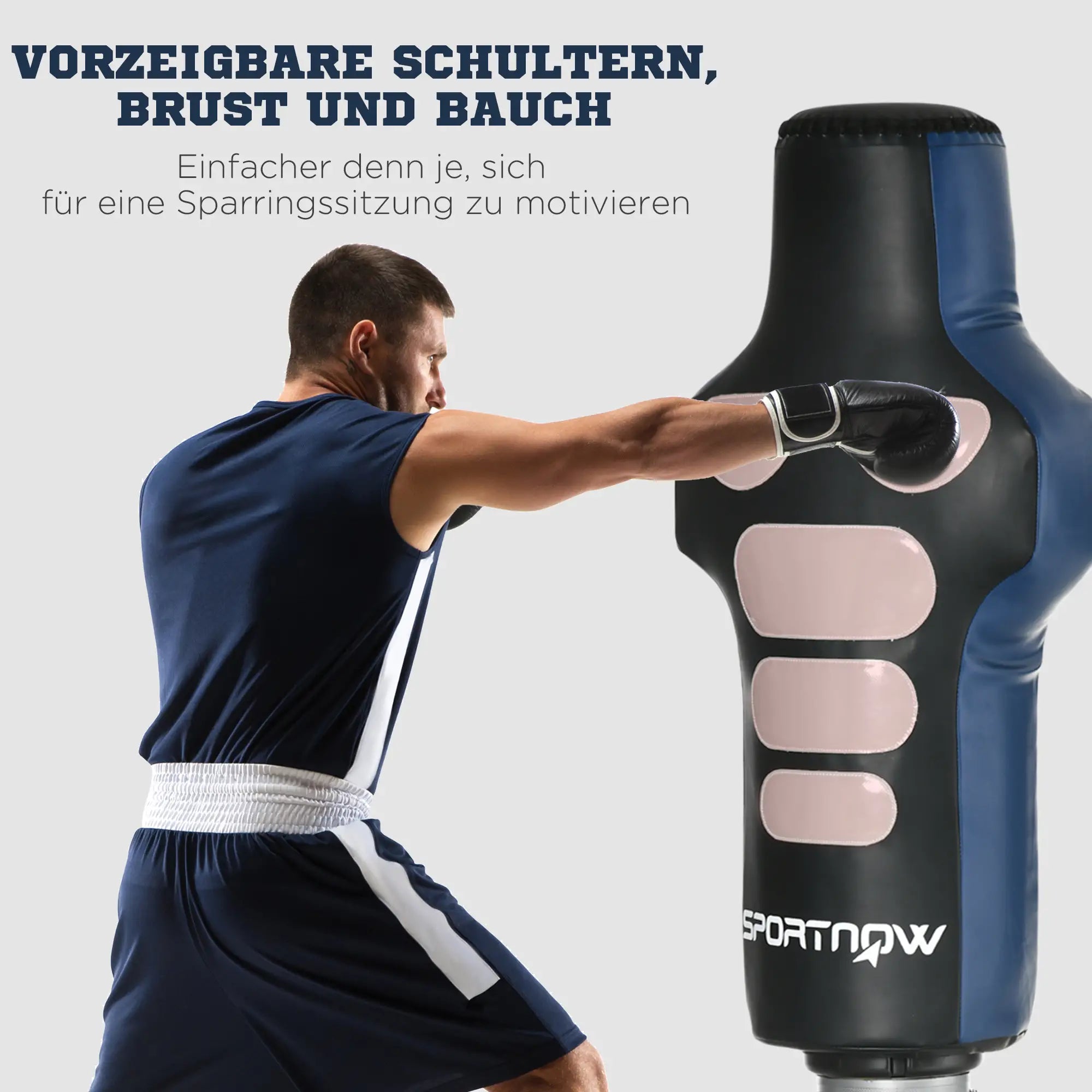 SPORTNOW Boxdummy, freistehend, höhenverstellbar, schwerer Standfuß, Kunstleder, schwarz+grau+blau, 55 x 55 x 178-207 cm