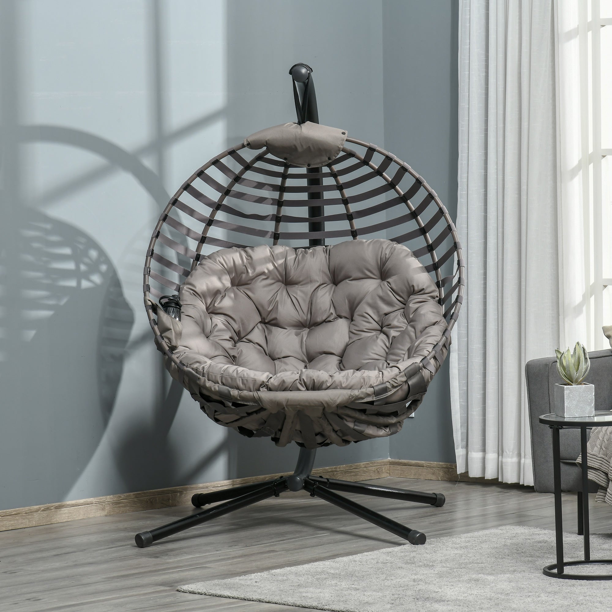 Outsunny Hängesessel mit Gestell, Eiförmiger Hängeschaukel mit weichem Sitzpolstern,faltbar Hängematte für den Außenbereich Schaukelsessel Indoor Outdoor, Terrasse, Garten, Grau