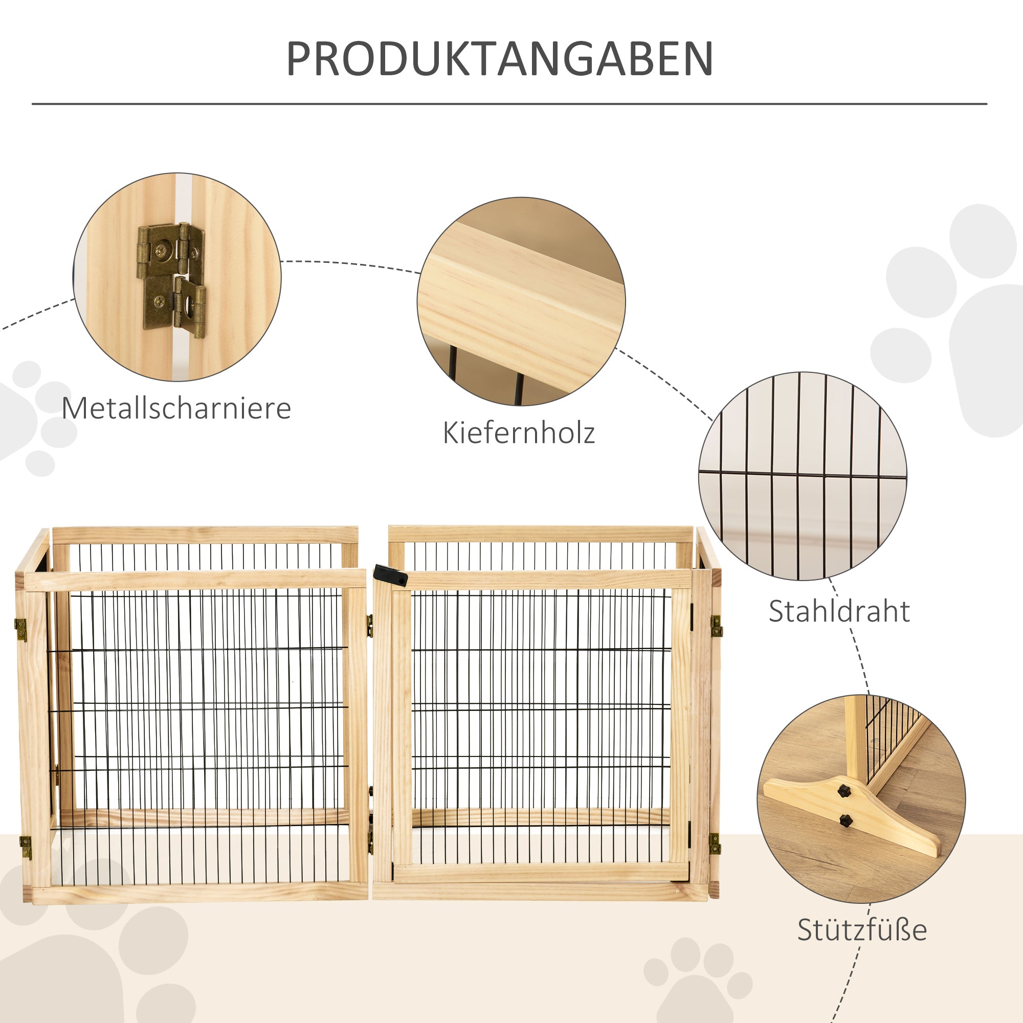 PawHut Haustiergitter Absperrgitter für Hunde, Kiefernholz, klappbar 432 x 36 x 70c m, Natur