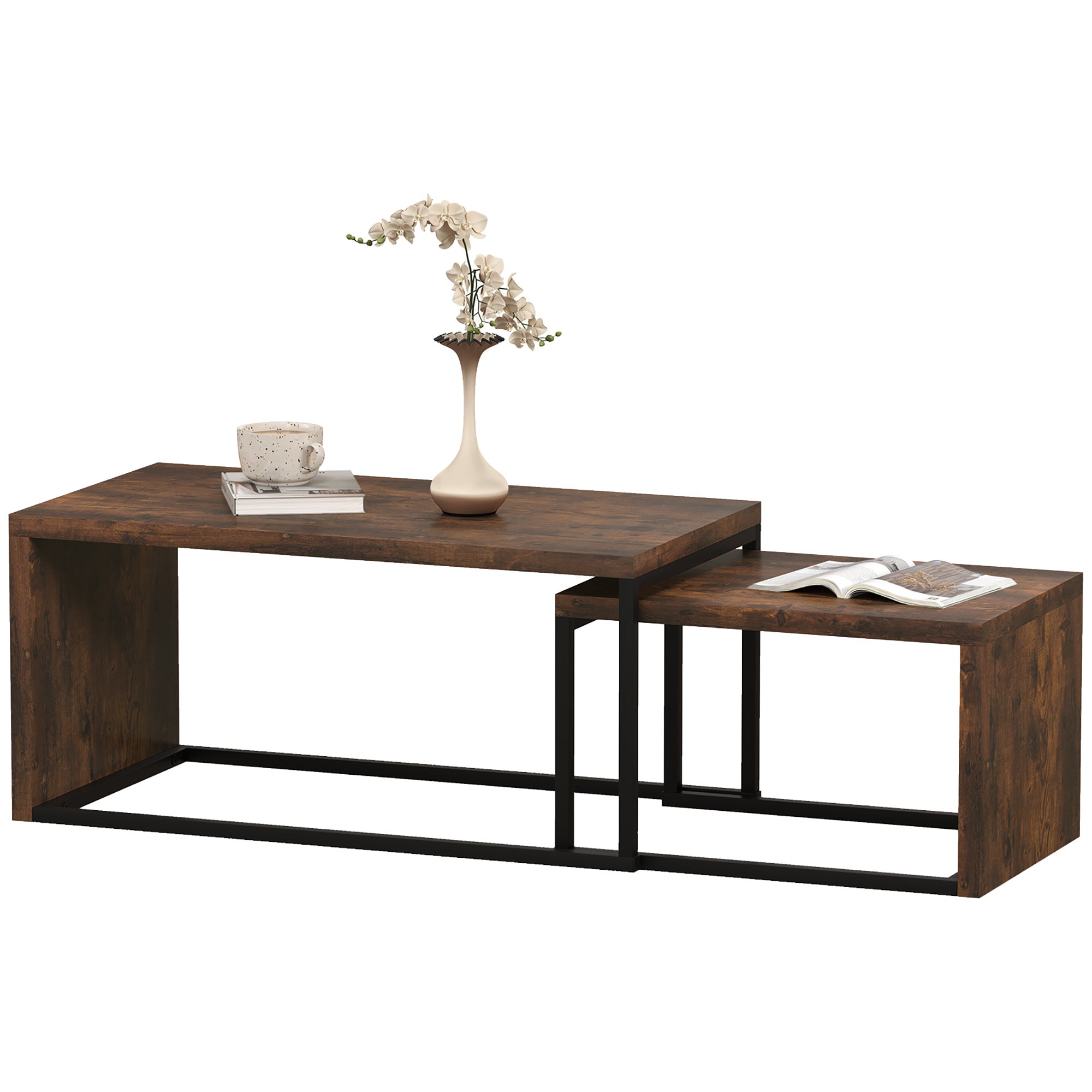 HOMCOM 2er-Set Couchtisch, Sofatisch, Beistelltisch, MDF, Metall, 90 x 48 x 42 cm/59 x 42 x 36 cm, Schwarz+Braun