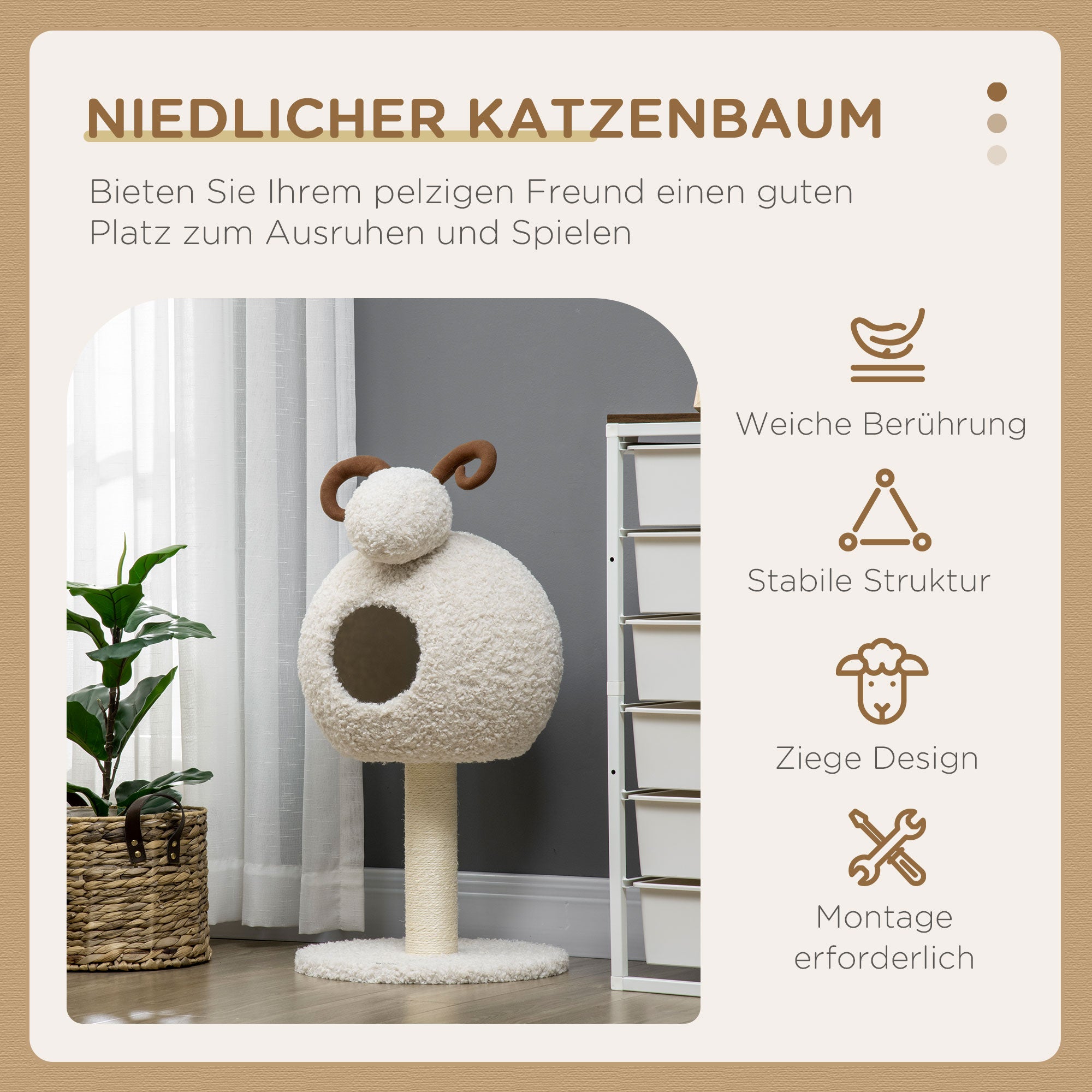 HOMCOM Kratzbaum für Katzen, Schafdesign inkl. Katzenhöhle u. Kratzstamm, waschbares Kissen, Cremeweiß + Braun