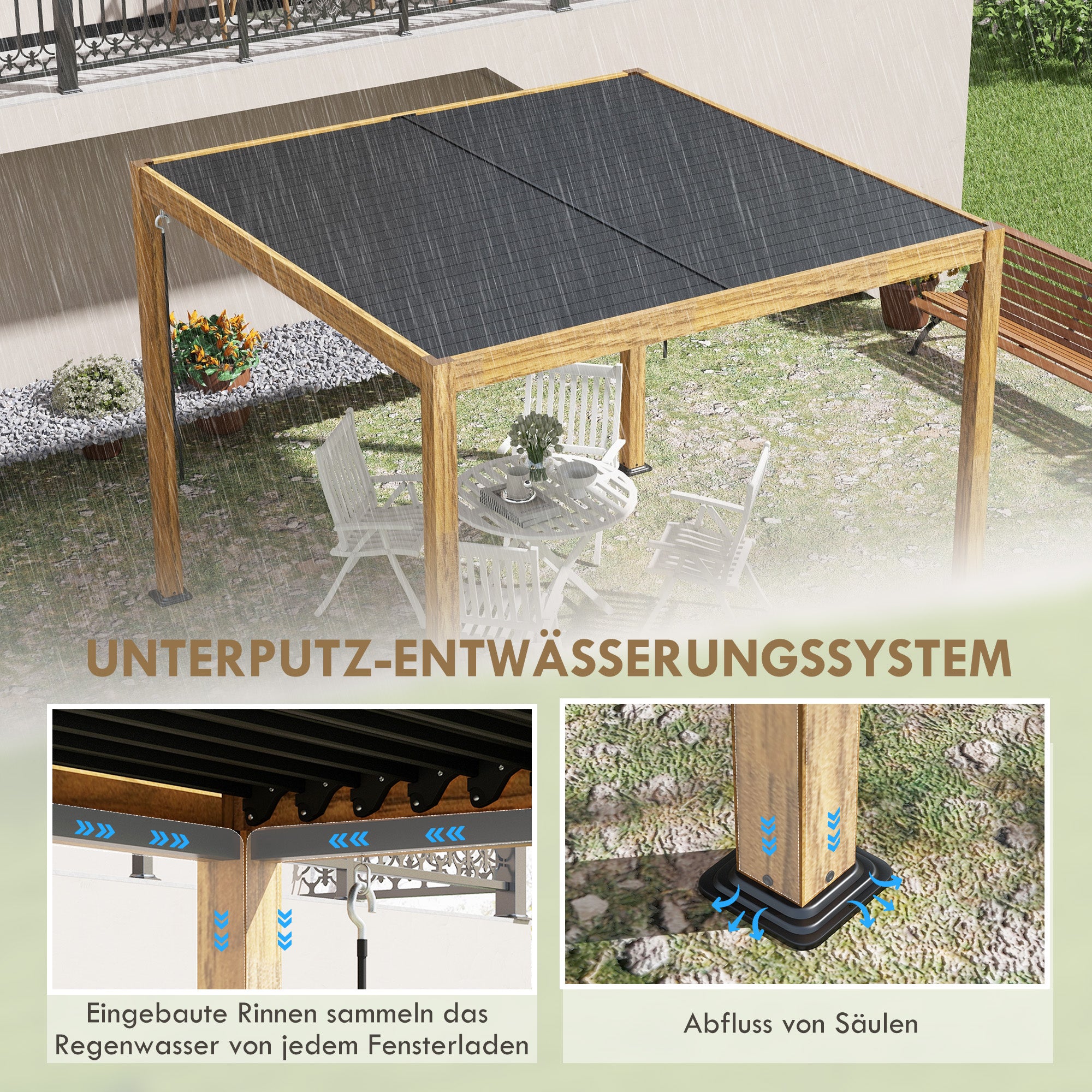 Outsunny Pergola Gartenzelt, wetterbeständig, Handkurbel, Aluminium, 3x3m, Schwarz/Natur