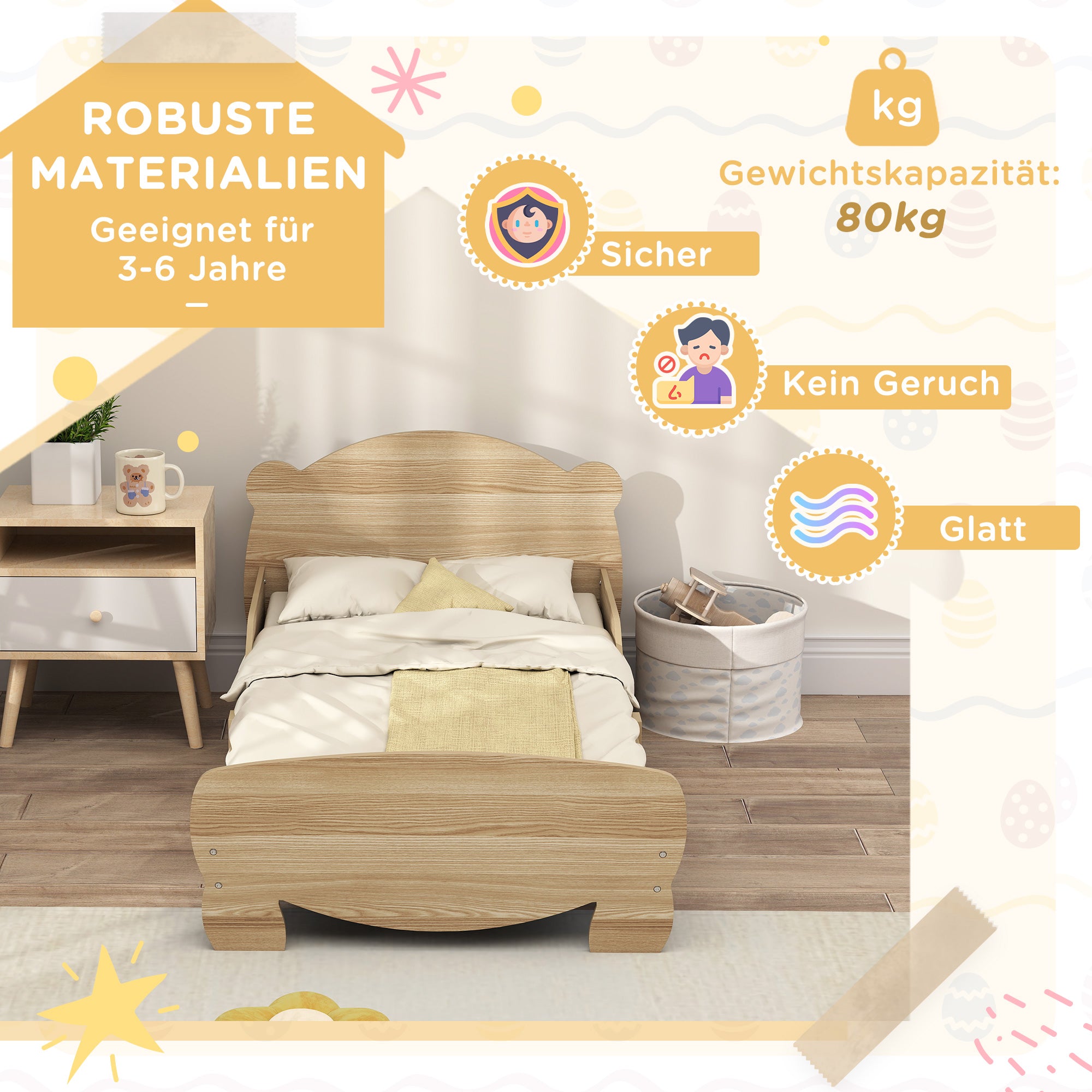 AIYAPLAY Kinderbett Jugendbett Hausbett mit Bären-Design Spielbett für 3-6Jahre Kinder 143,5 x 80 x 55 cm Naturholz