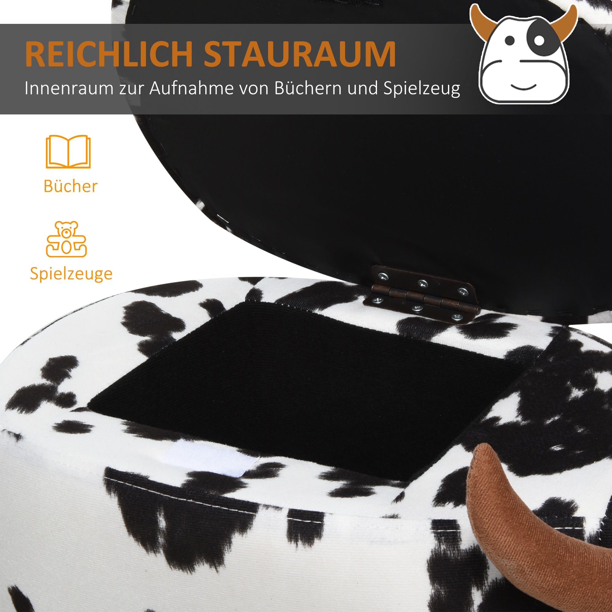HOMCOM Tierhocker, Dekohocker mit Stauraum, Polsterhocker, Sitzhocker, Sitzbank mit Tier-Design, für Wohnzimmer, Schweinchen Fußbank, Schwarz+Weiß, 62 x 35 x 36 cm