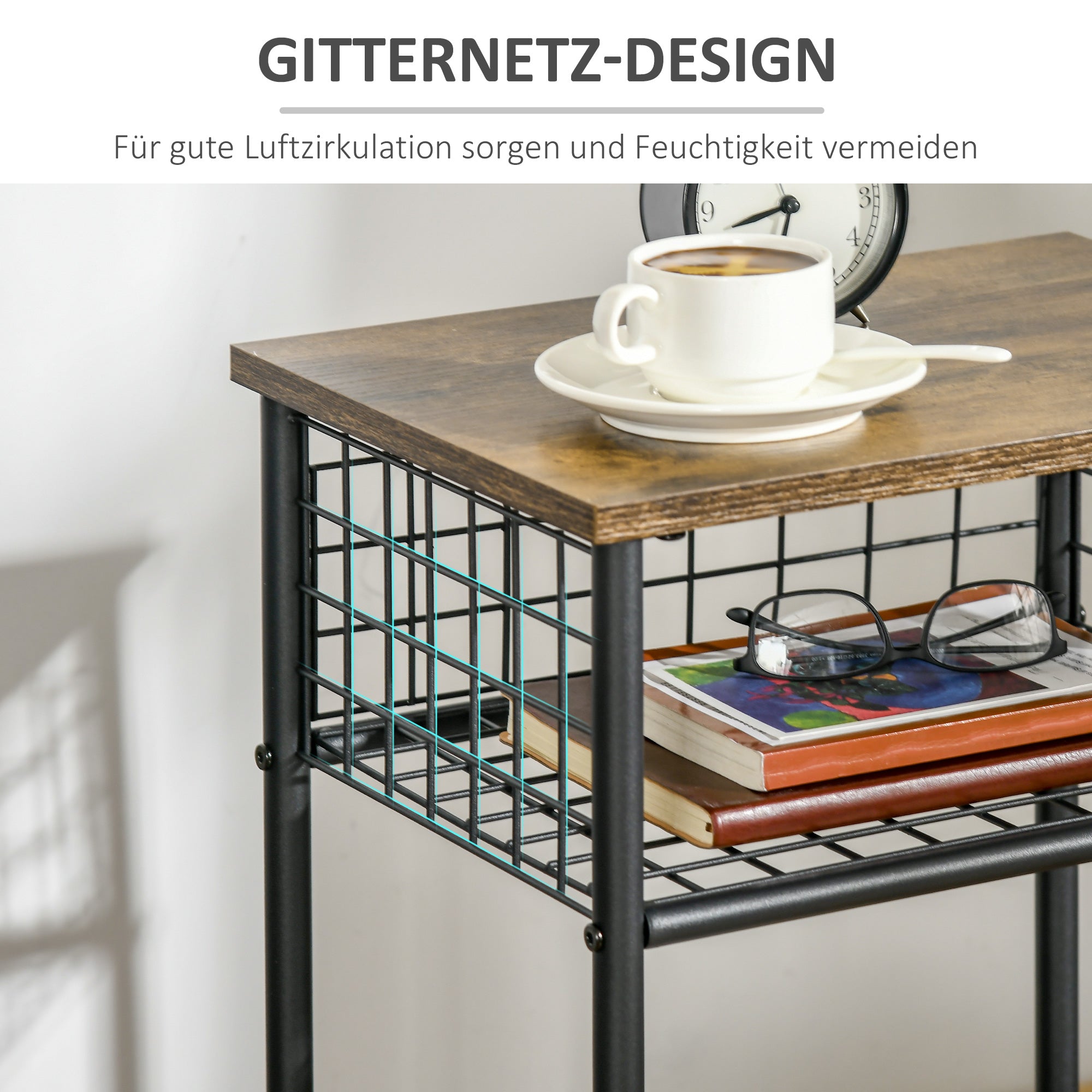 HOMCOM Küchenwagen im Industriedesign 1 Regal 1 Aufbewahrungskorb 4 Räder 40 cm x 30 cm x 62 cm Stahl Schwarz + Braun