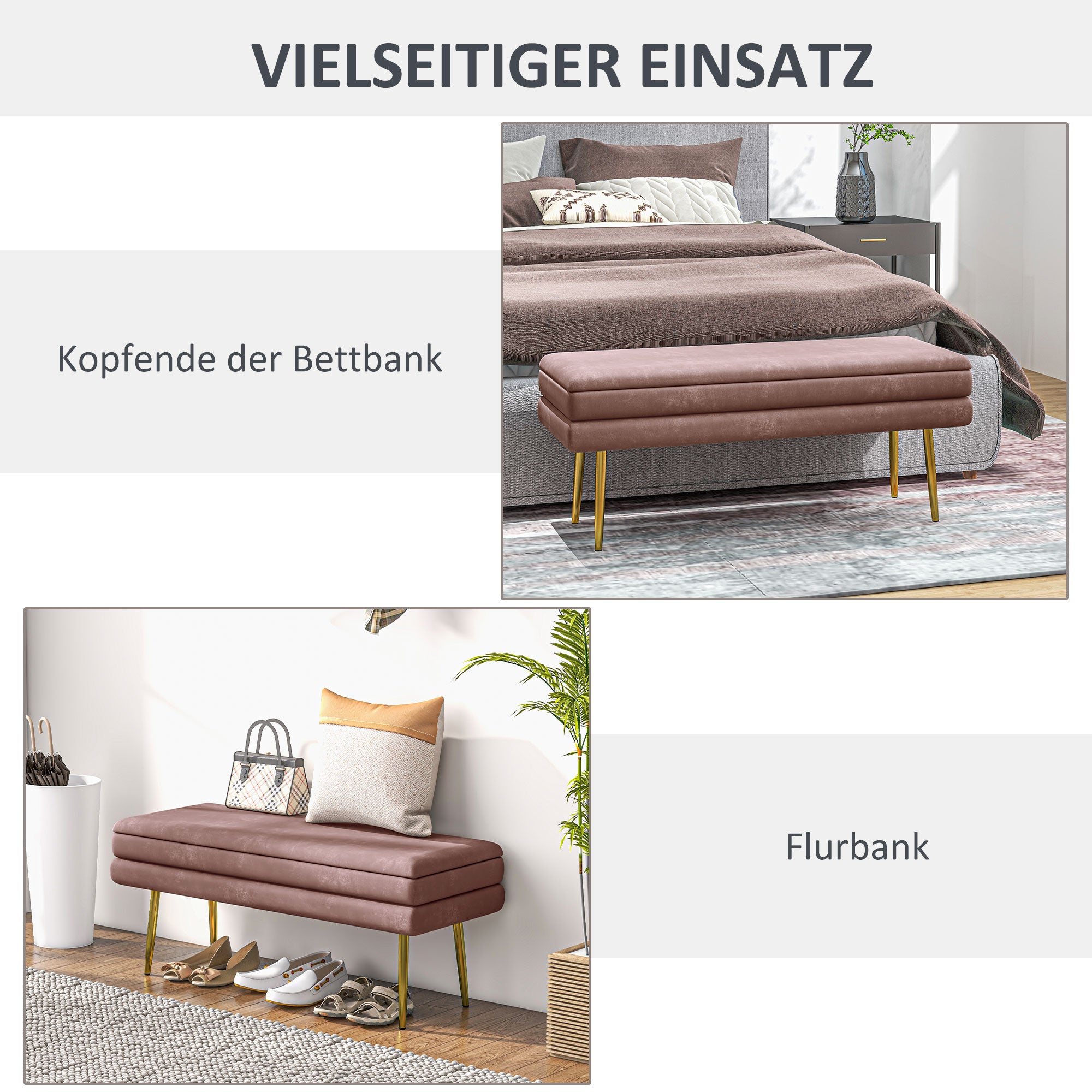 HOMCOM Sitzbank Polsterbank, mit Stauraum, Stahl, 100 x 37,5 x 42 cm, Rosa