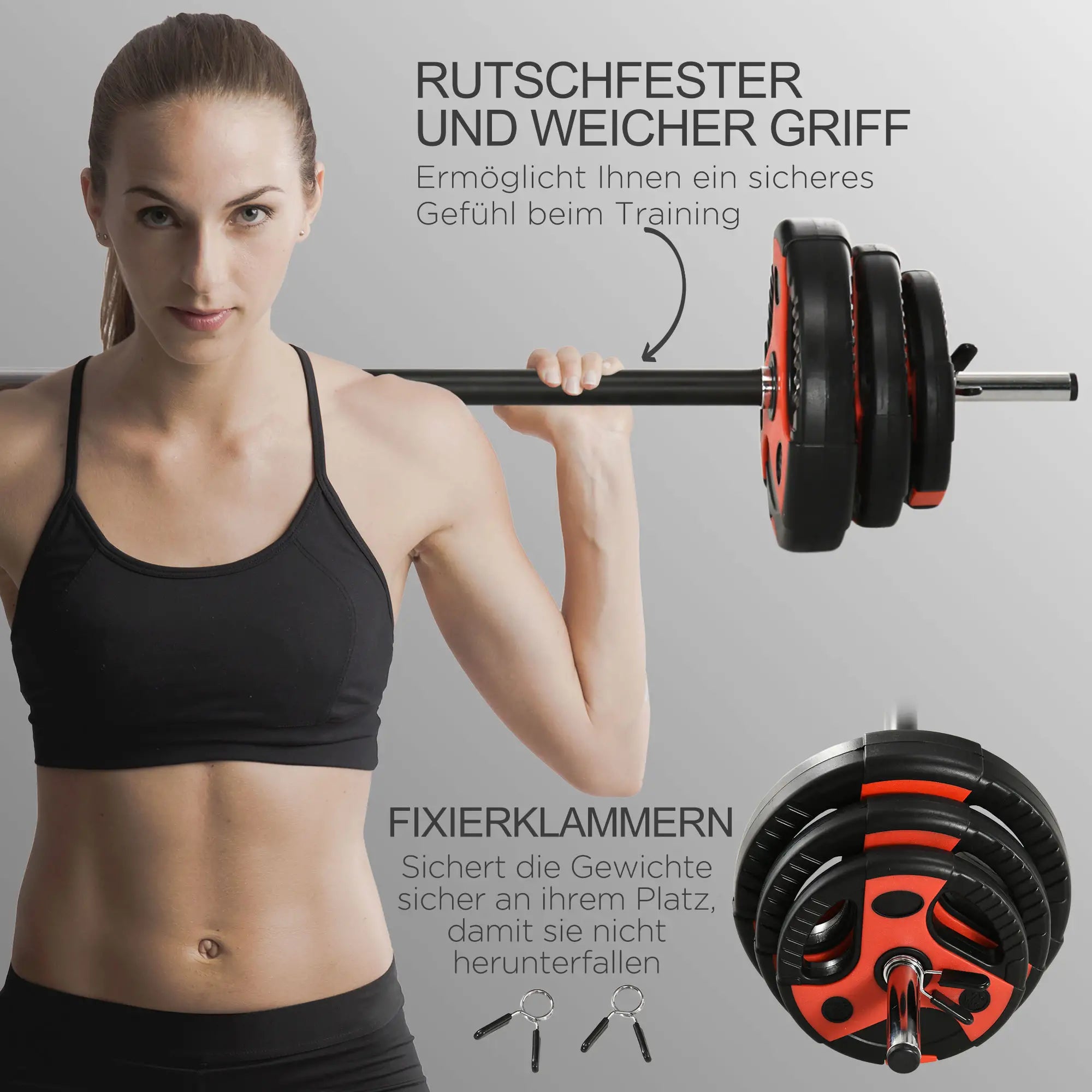 SPORTNOW Langhantel-Set 20 kg, inkl. 6 Hantelscheiben, 2 x 5kg, 2 x 2,5kg, 2 x 1,25kg, rutschfeste Stange, schwarz+rot